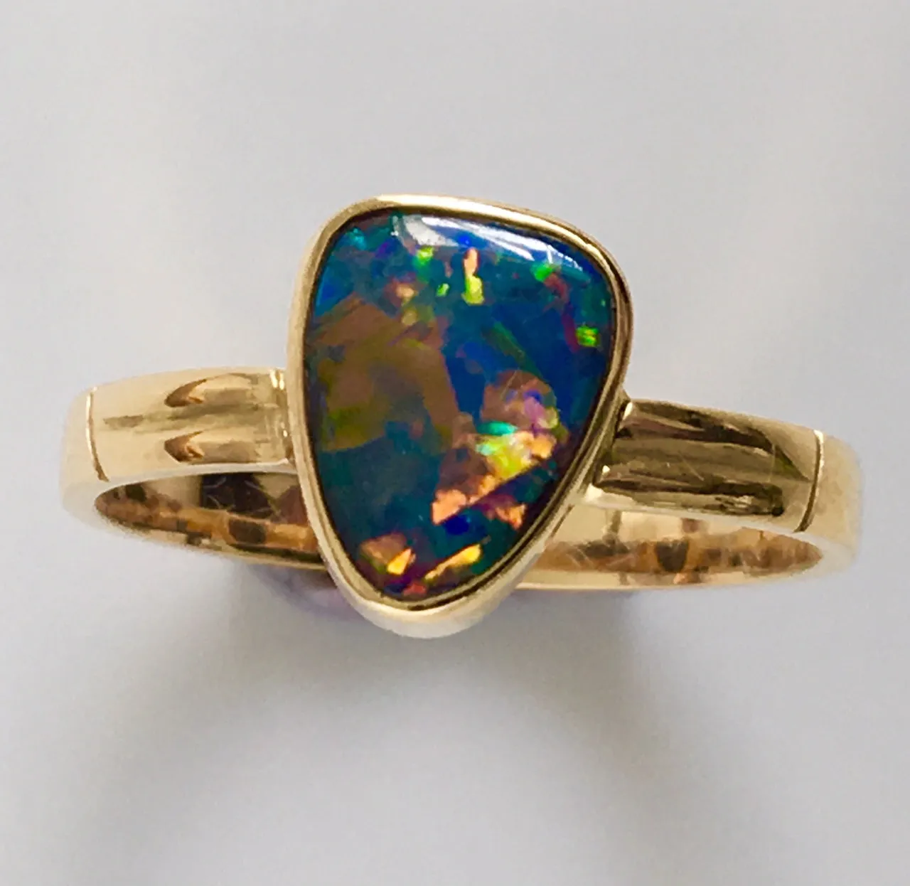 Red  Multi Coloured solid  boulder opal from Quilpie , 18K Ring