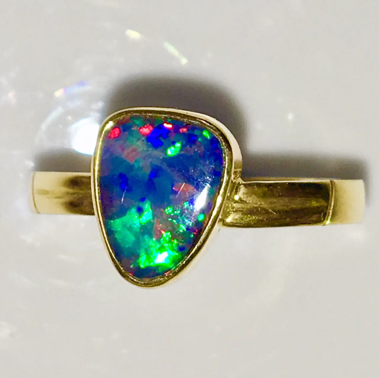 Red  Multi Coloured solid  boulder opal from Quilpie , 18K Ring