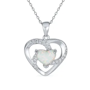 Romantic Opulence Pendant Necklace with CZ Pave and Opal Heart in Sterling Silver