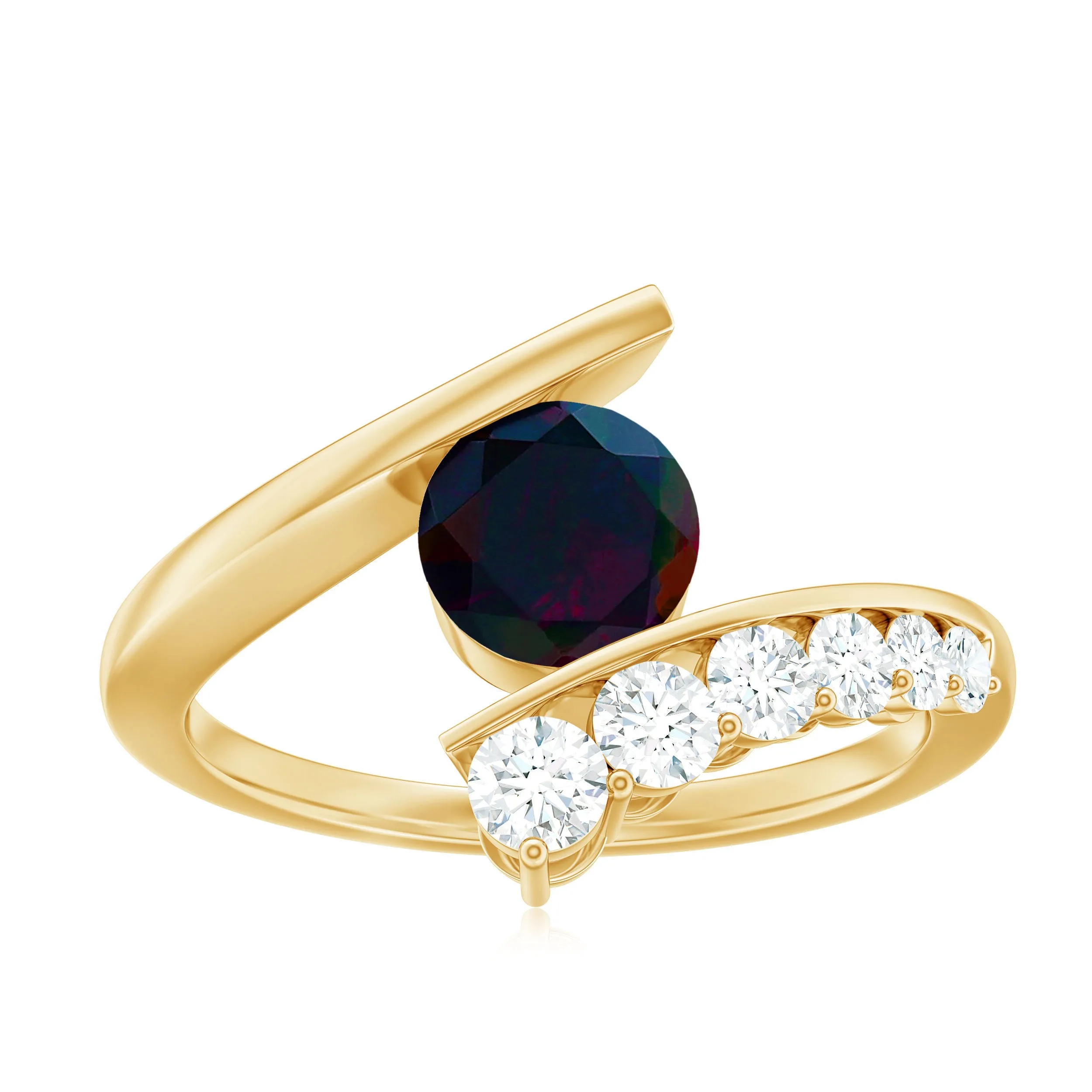 Round Black Opal Solitaire Bypass Ring with Diamond