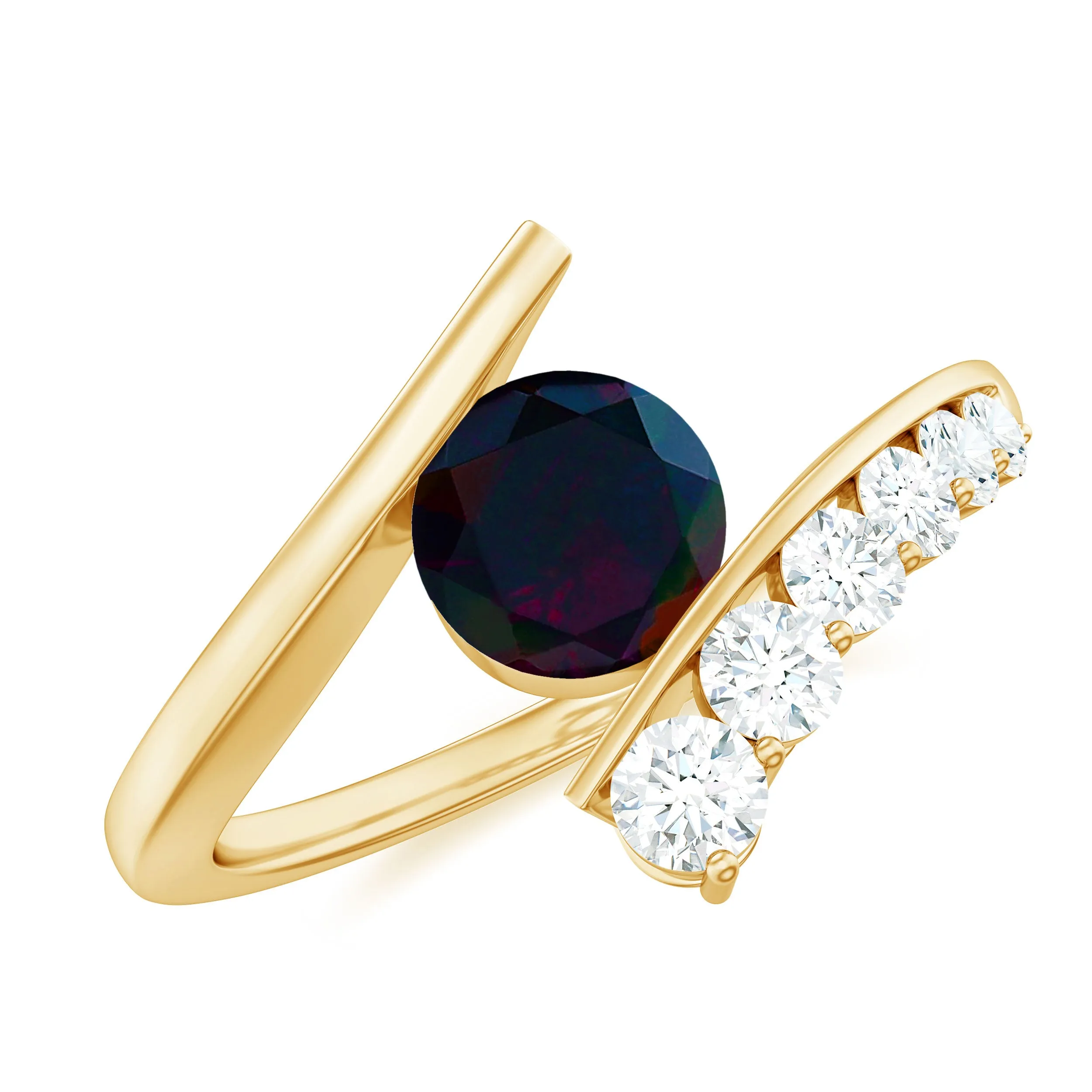 Round Black Opal Solitaire Bypass Ring with Diamond