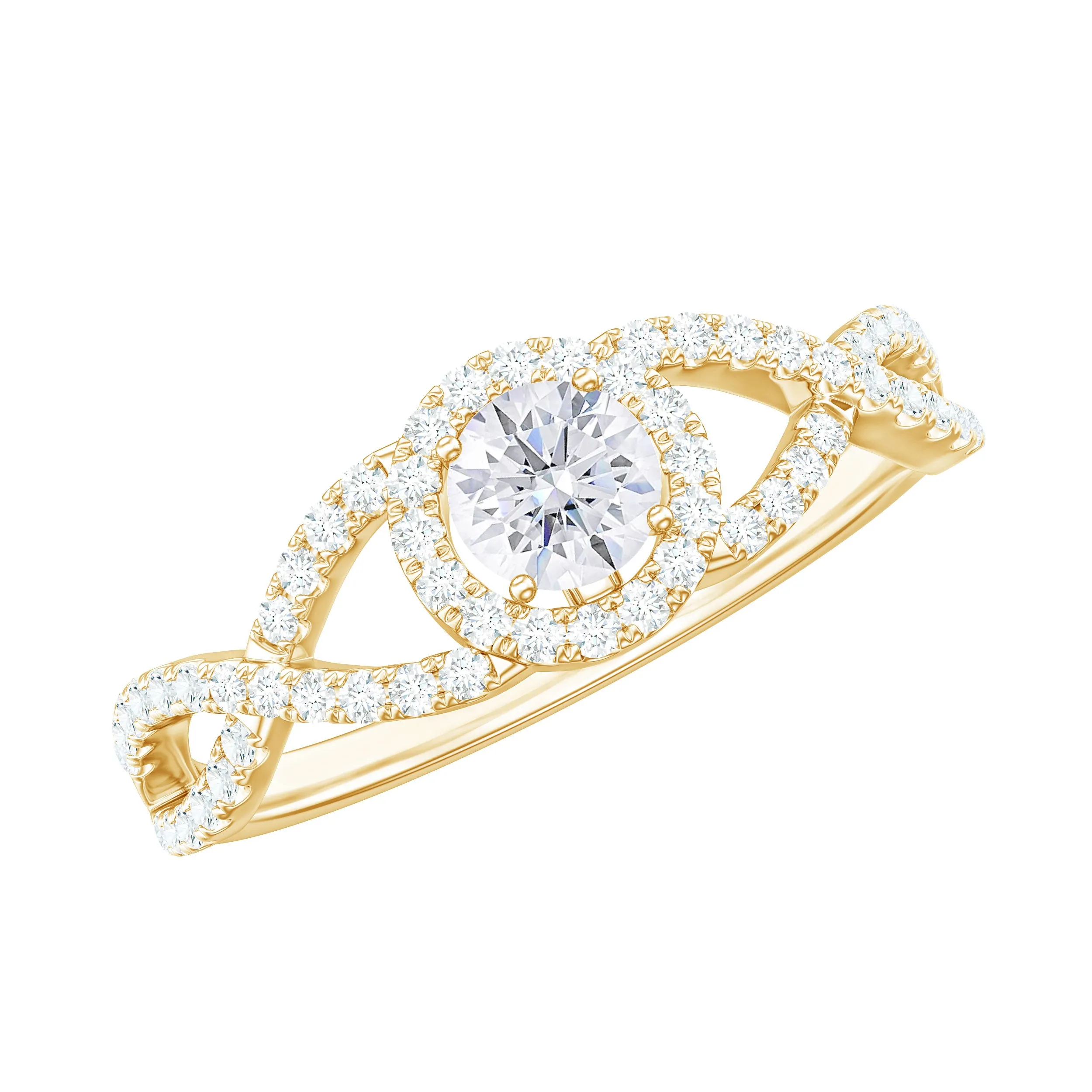 Round Cubic Zirconia Criss Cross Engagement Ring in Gold