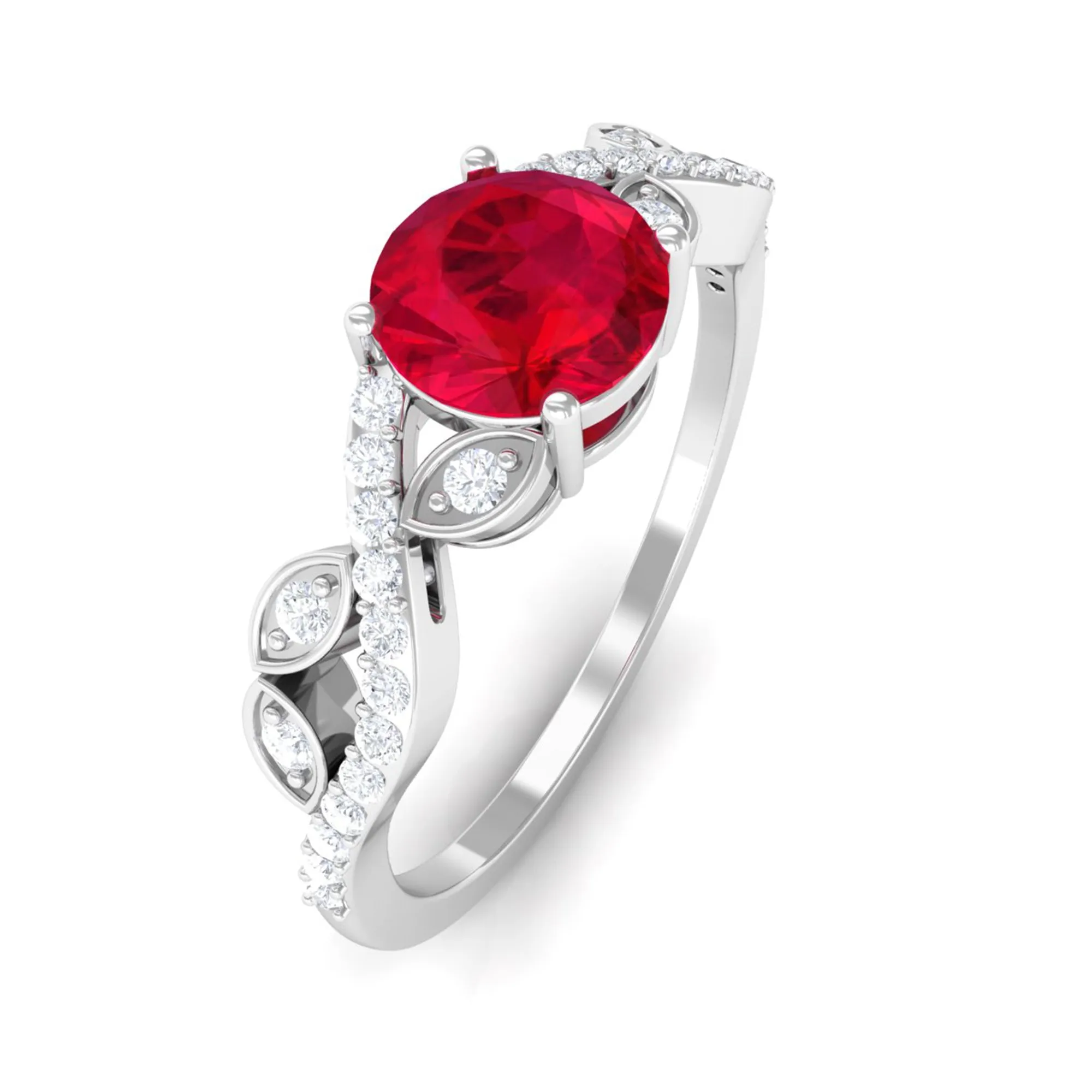 Round Shape Created Ruby Designer Engagement Ring with Diamond