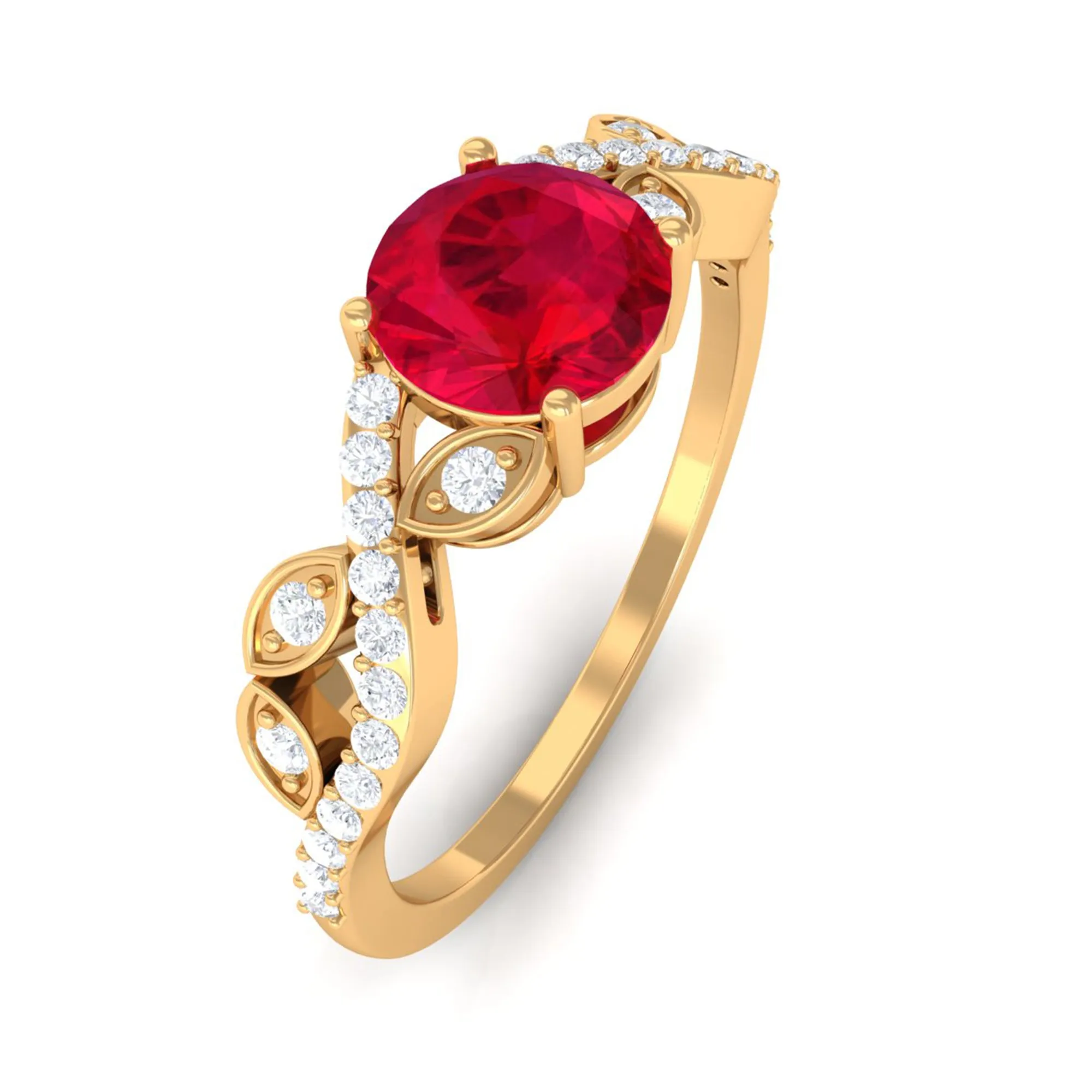 Round Shape Created Ruby Designer Engagement Ring with Diamond