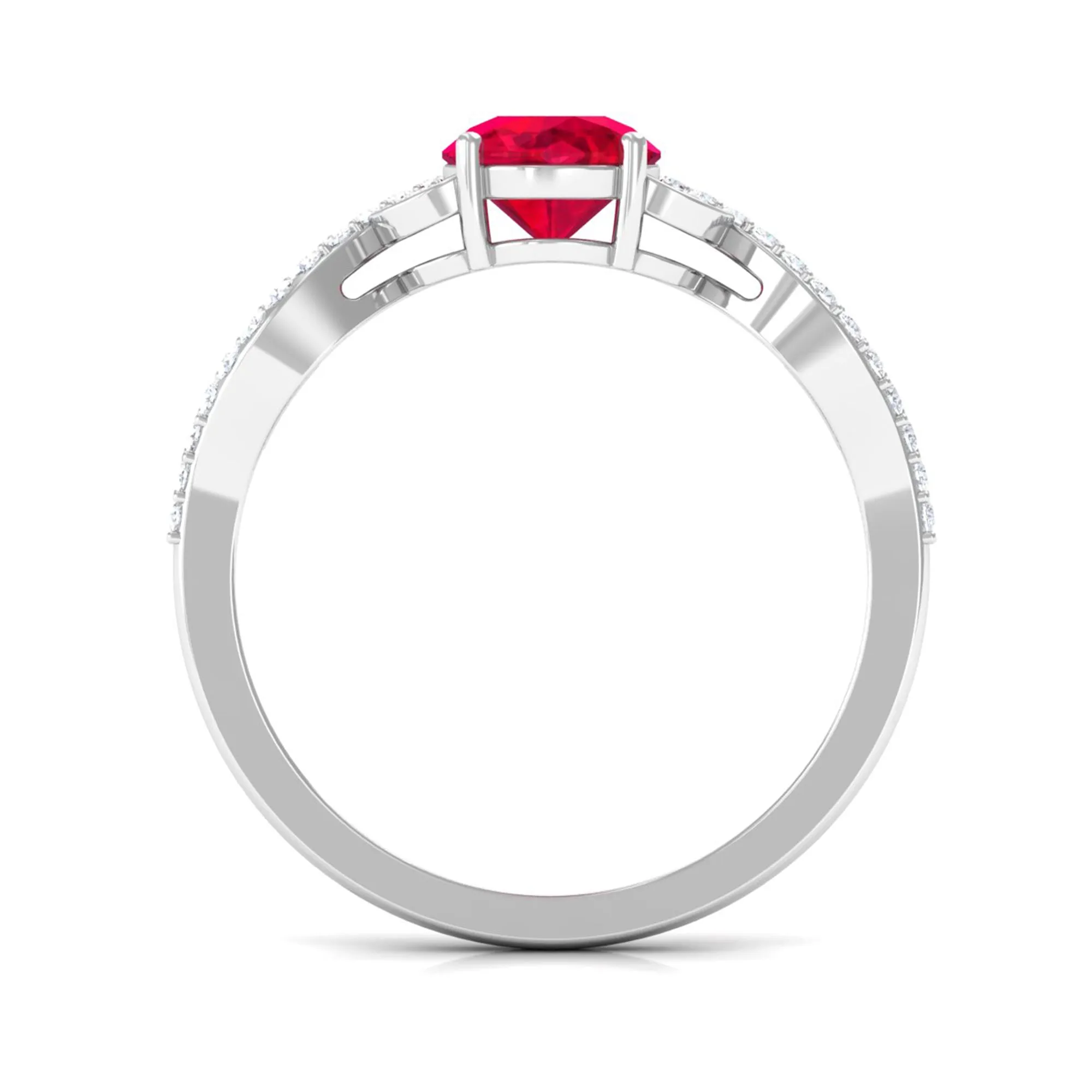 Round Shape Created Ruby Designer Engagement Ring with Diamond