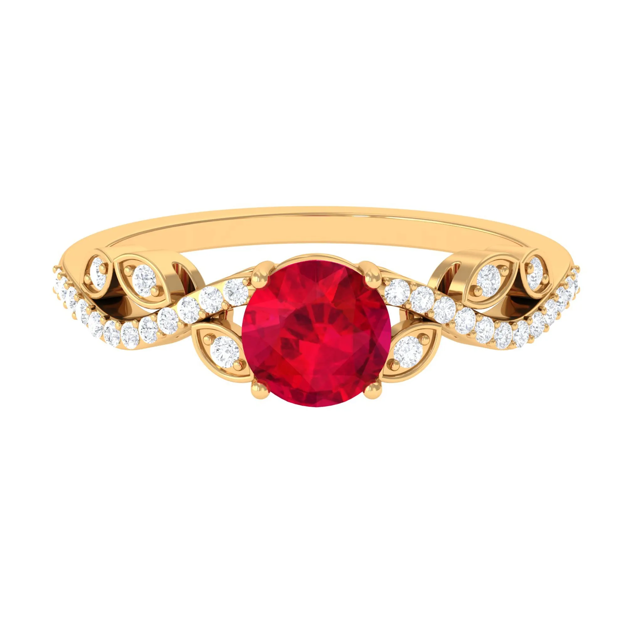 Round Shape Created Ruby Designer Engagement Ring with Diamond