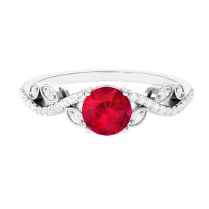 Round Shape Created Ruby Designer Engagement Ring with Diamond