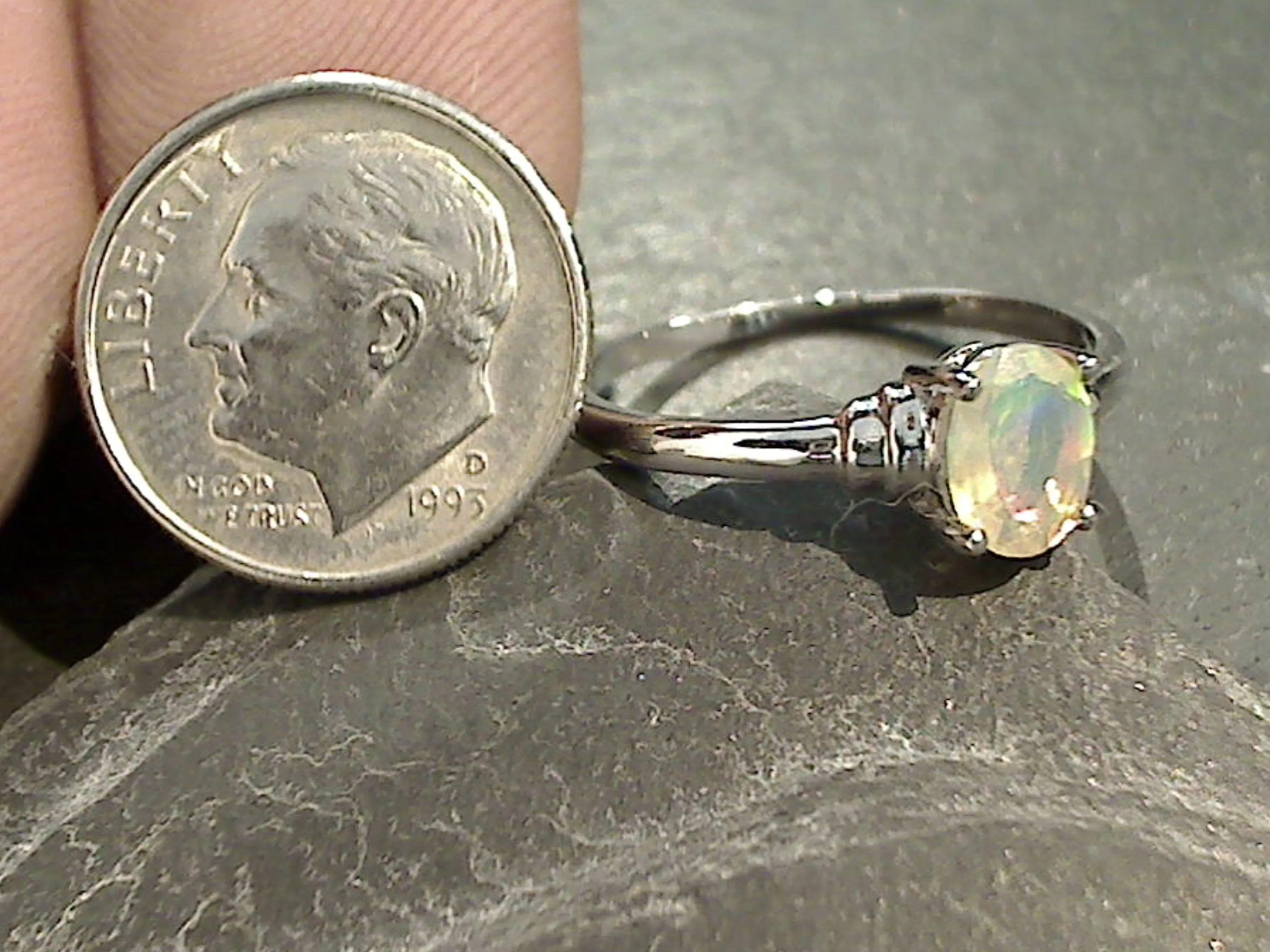 Size 9 Ethiopian Opal, Rhodium Plated Sterling Silver Ring