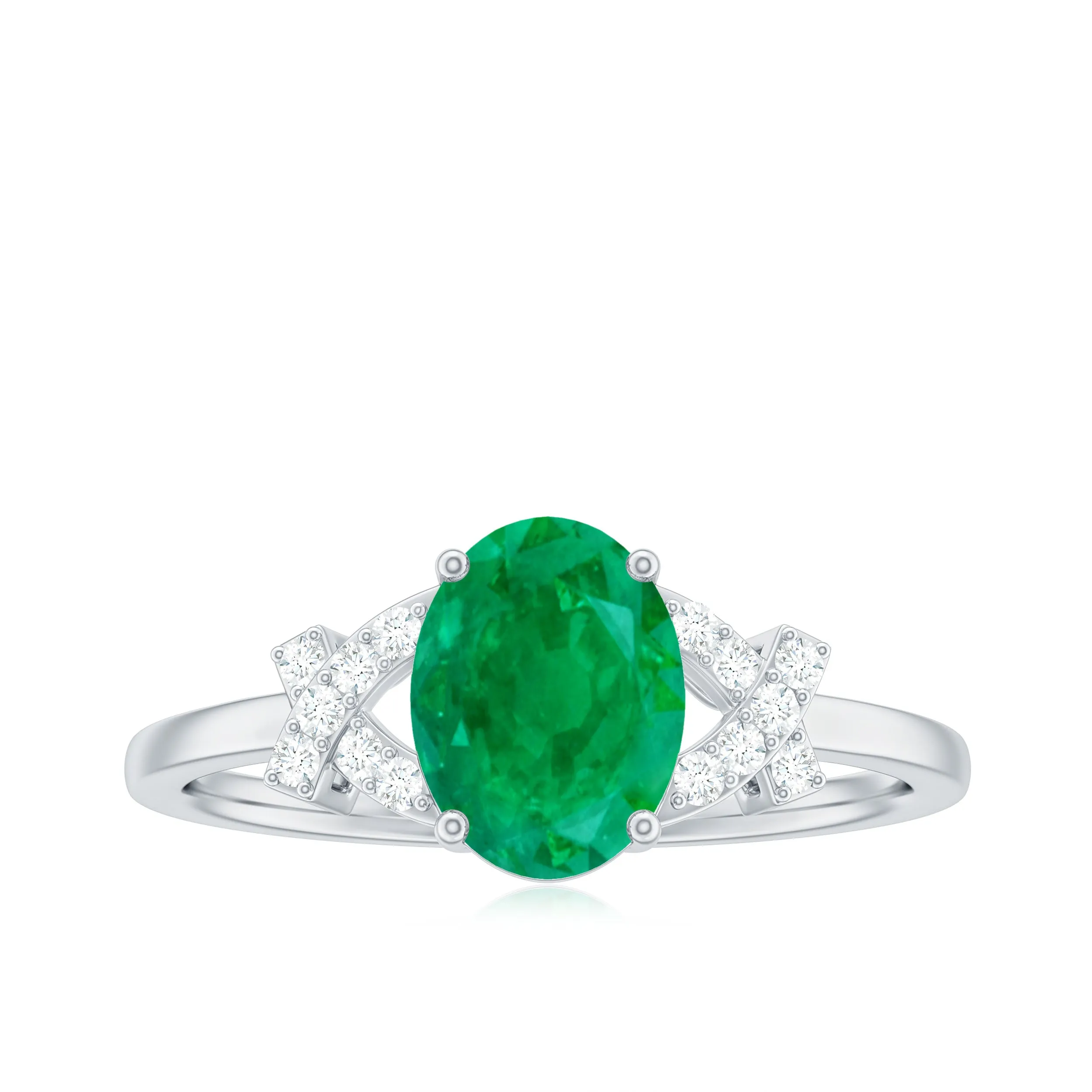 Split Shank Oval Emerald and Diamond Solitaire Engagement Ring