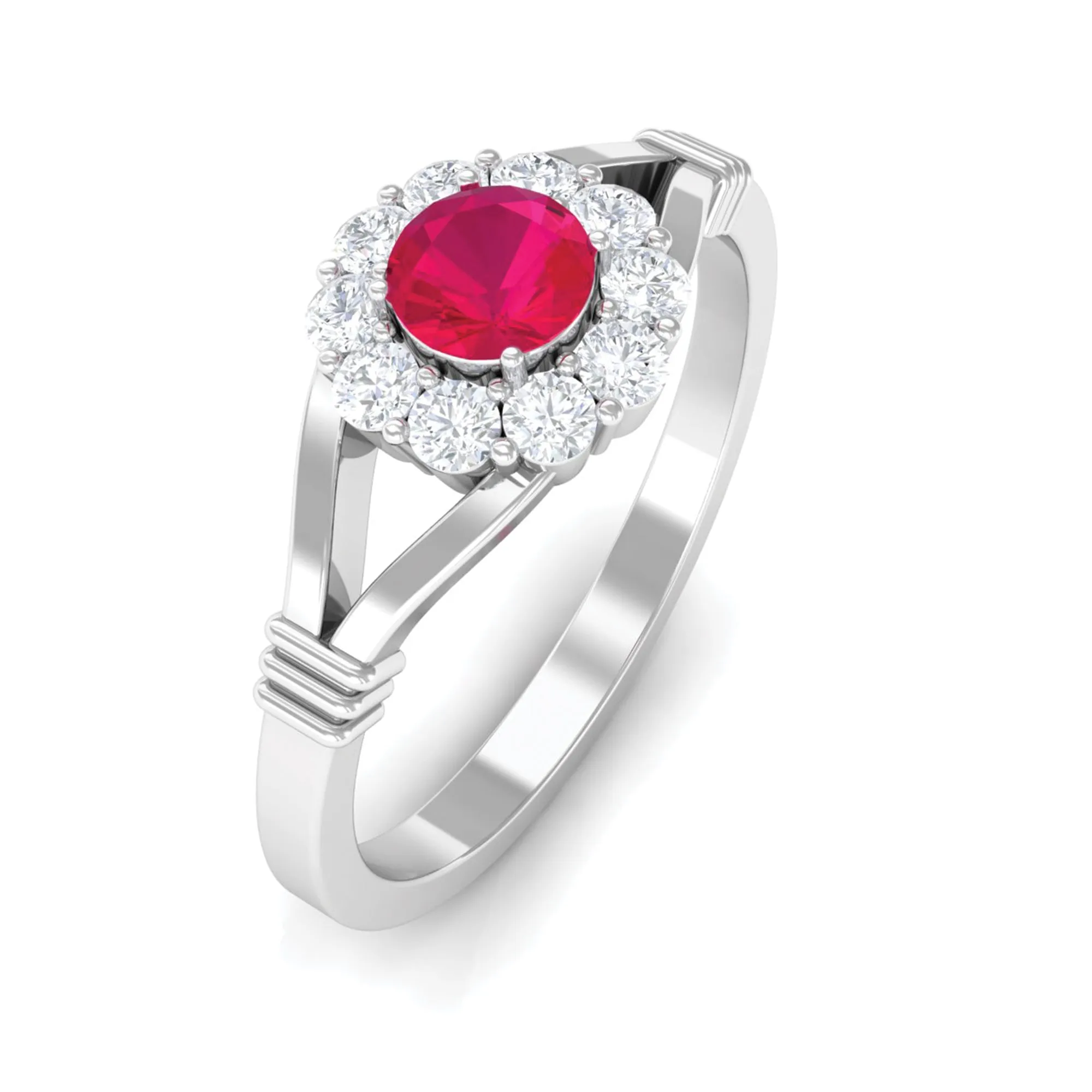 Split Shank Ruby and Diamond Halo Engagement Ring