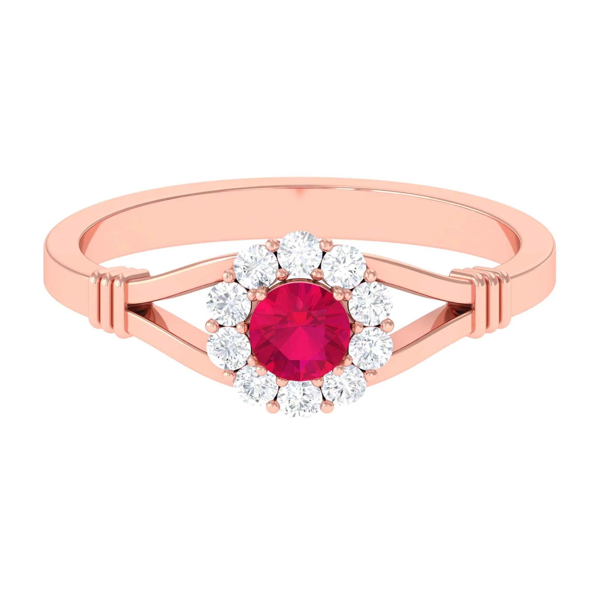 Split Shank Ruby and Diamond Halo Engagement Ring