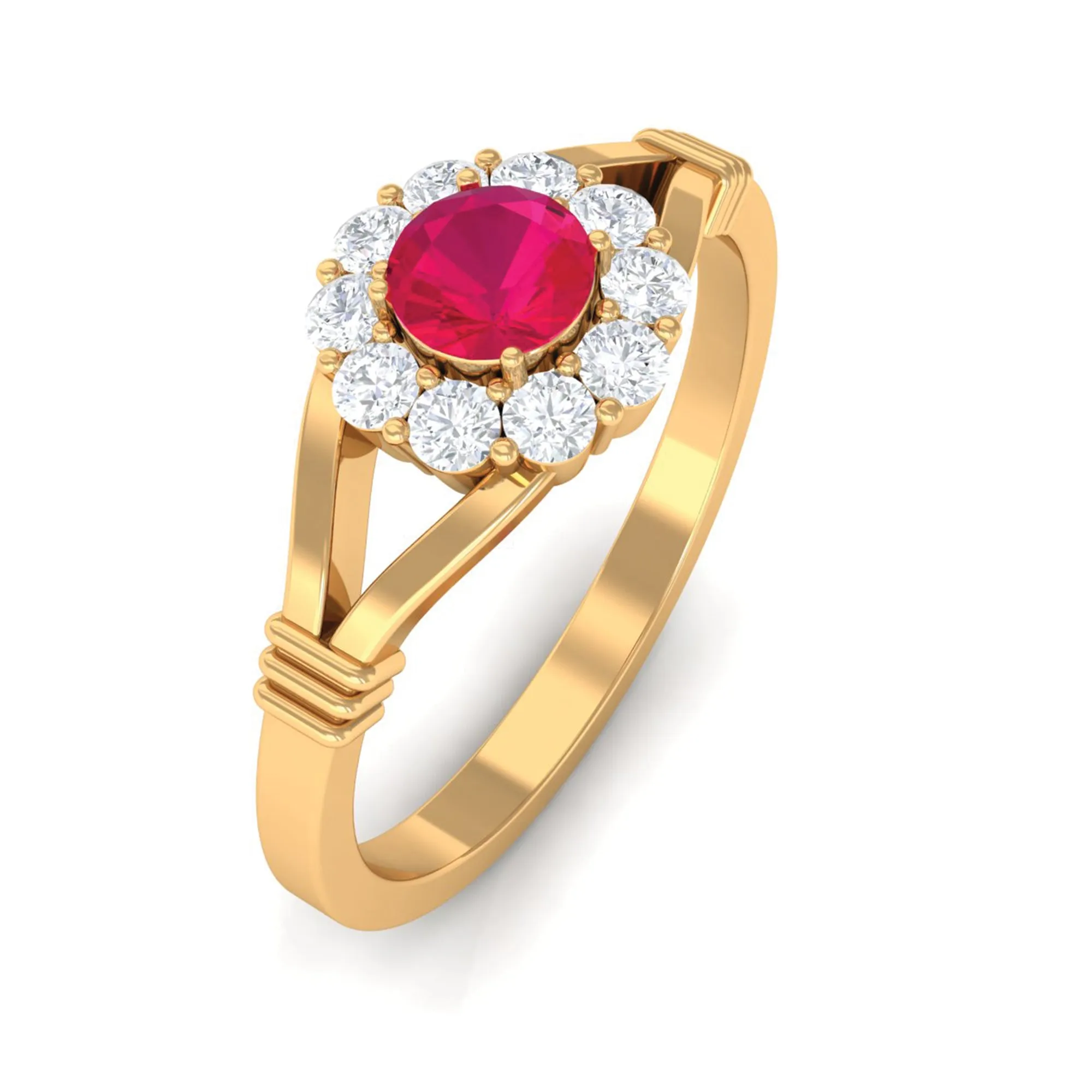 Split Shank Ruby and Diamond Halo Engagement Ring