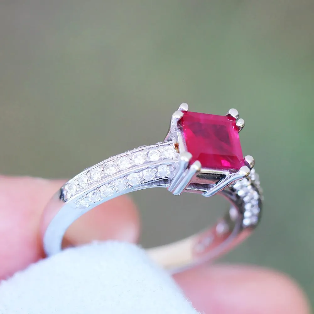 Square Ruby Solitaire Ring with Diamonds 14K 1.27ctw