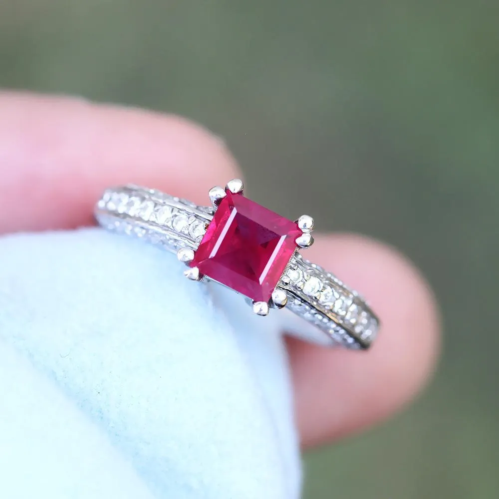 Square Ruby Solitaire Ring with Diamonds 14K 1.27ctw