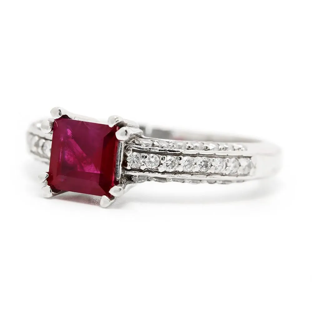 Square Ruby Solitaire Ring with Diamonds 14K 1.27ctw