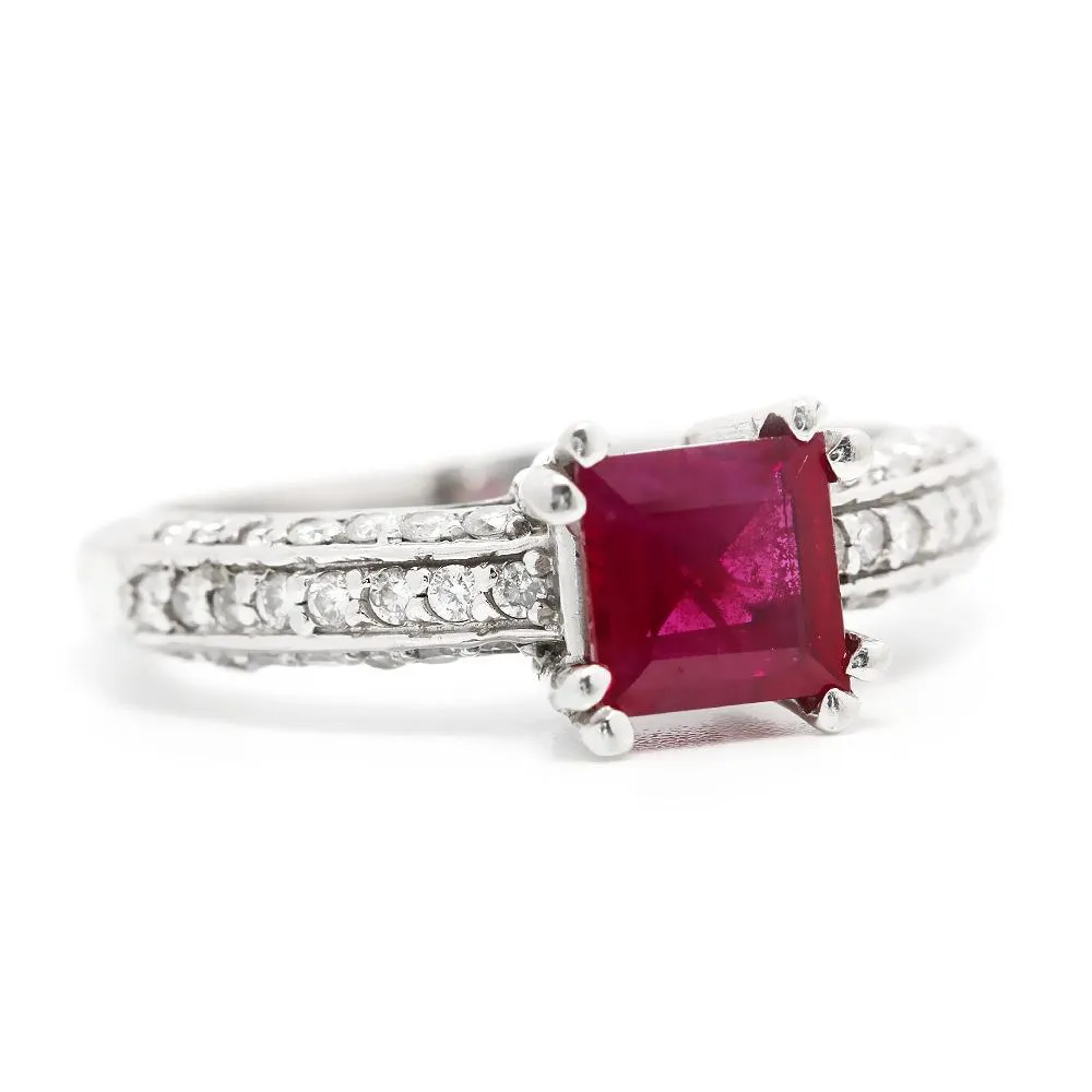 Square Ruby Solitaire Ring with Diamonds 14K 1.27ctw