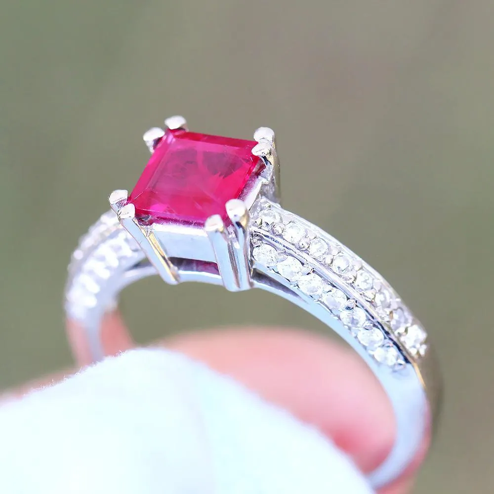 Square Ruby Solitaire Ring with Diamonds 14K 1.27ctw