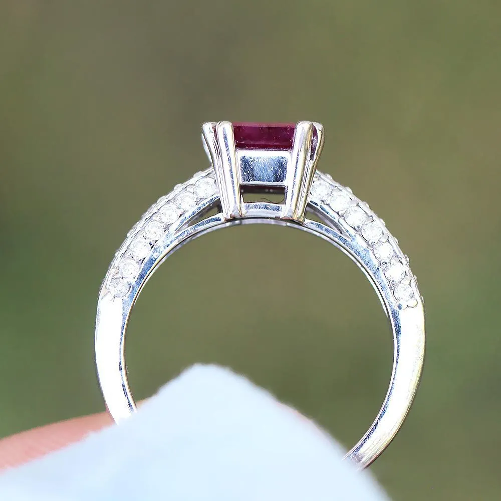 Square Ruby Solitaire Ring with Diamonds 14K 1.27ctw