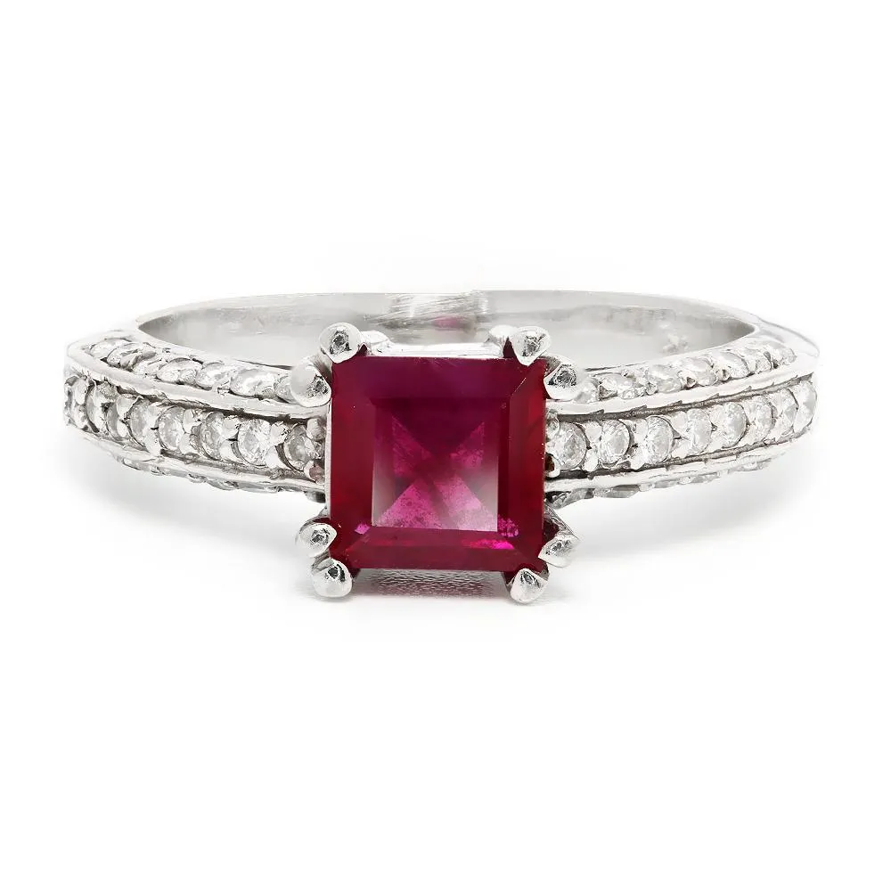 Square Ruby Solitaire Ring with Diamonds 14K 1.27ctw