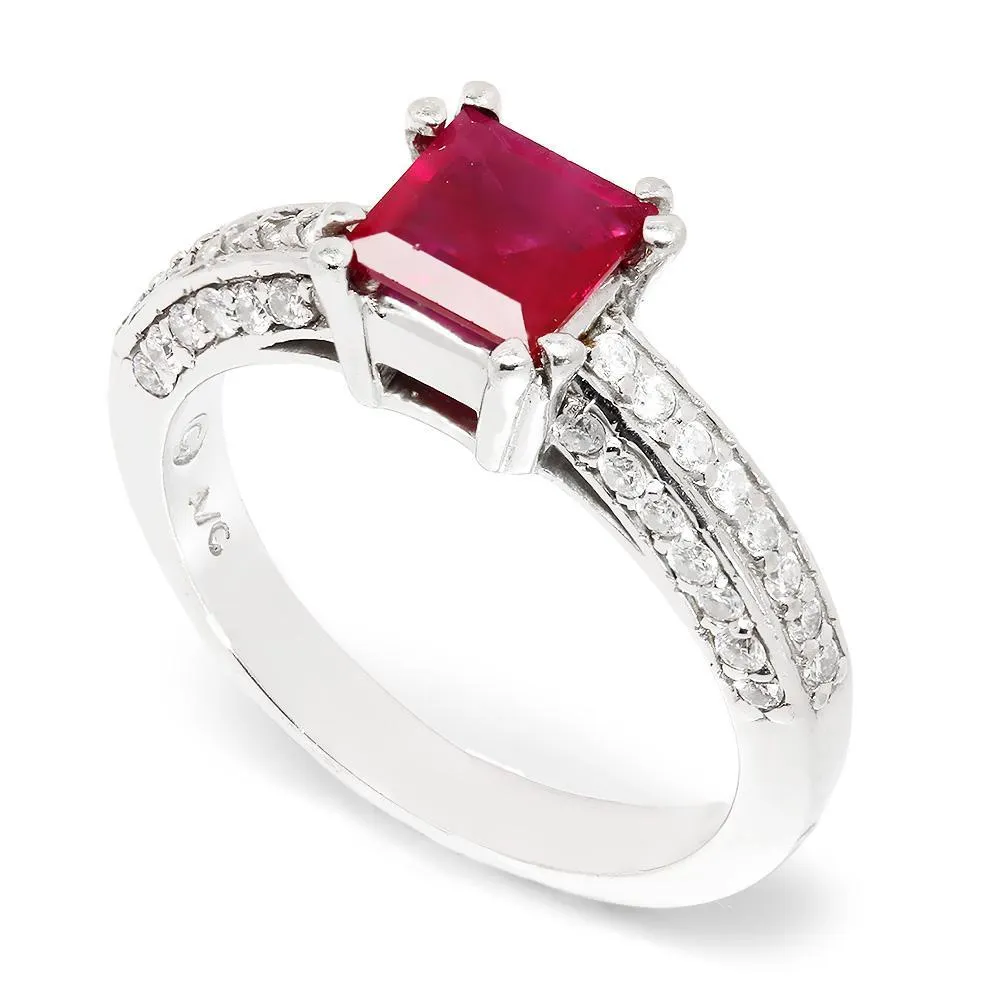 Square Ruby Solitaire Ring with Diamonds 14K 1.27ctw