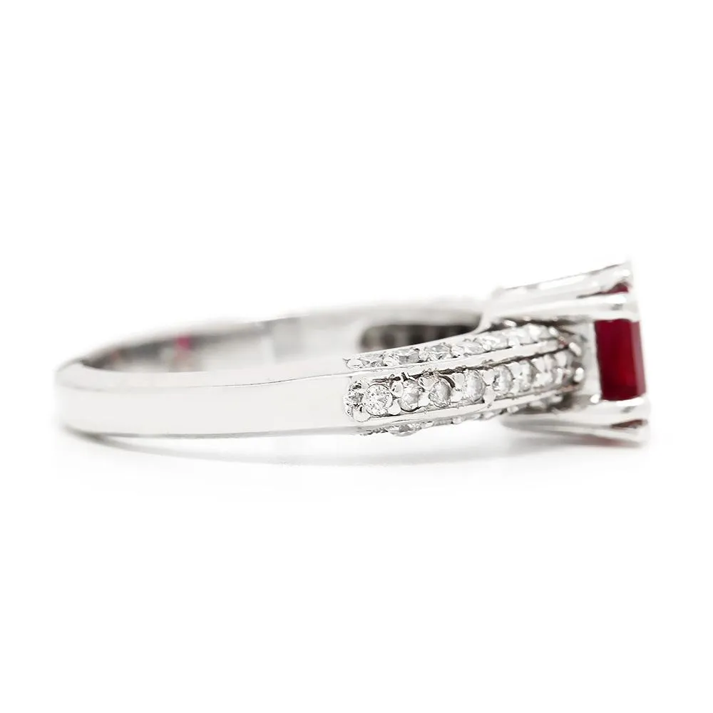 Square Ruby Solitaire Ring with Diamonds 14K 1.27ctw