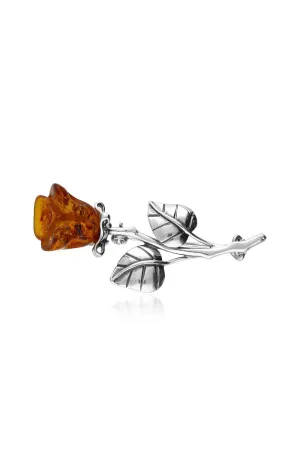 Sterling Silver Amber Large Single Rose Brooch