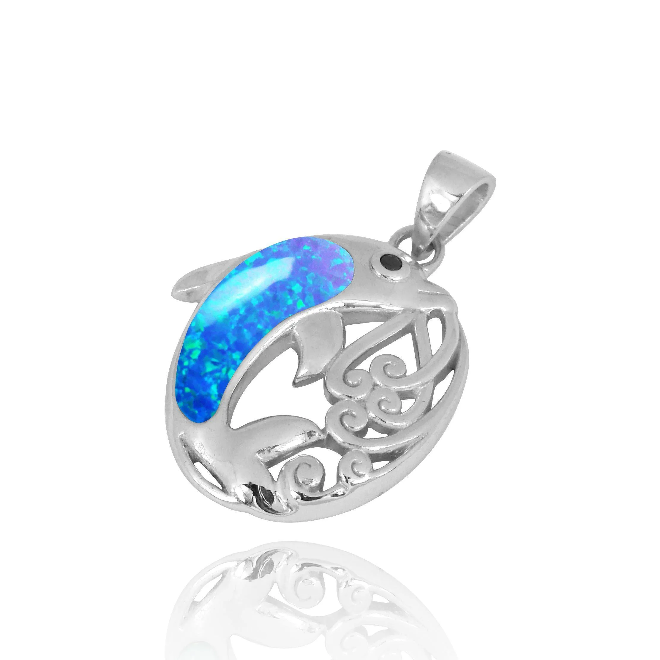 Sterling Silver Dolphin Pendant Necklace with Blue Opal