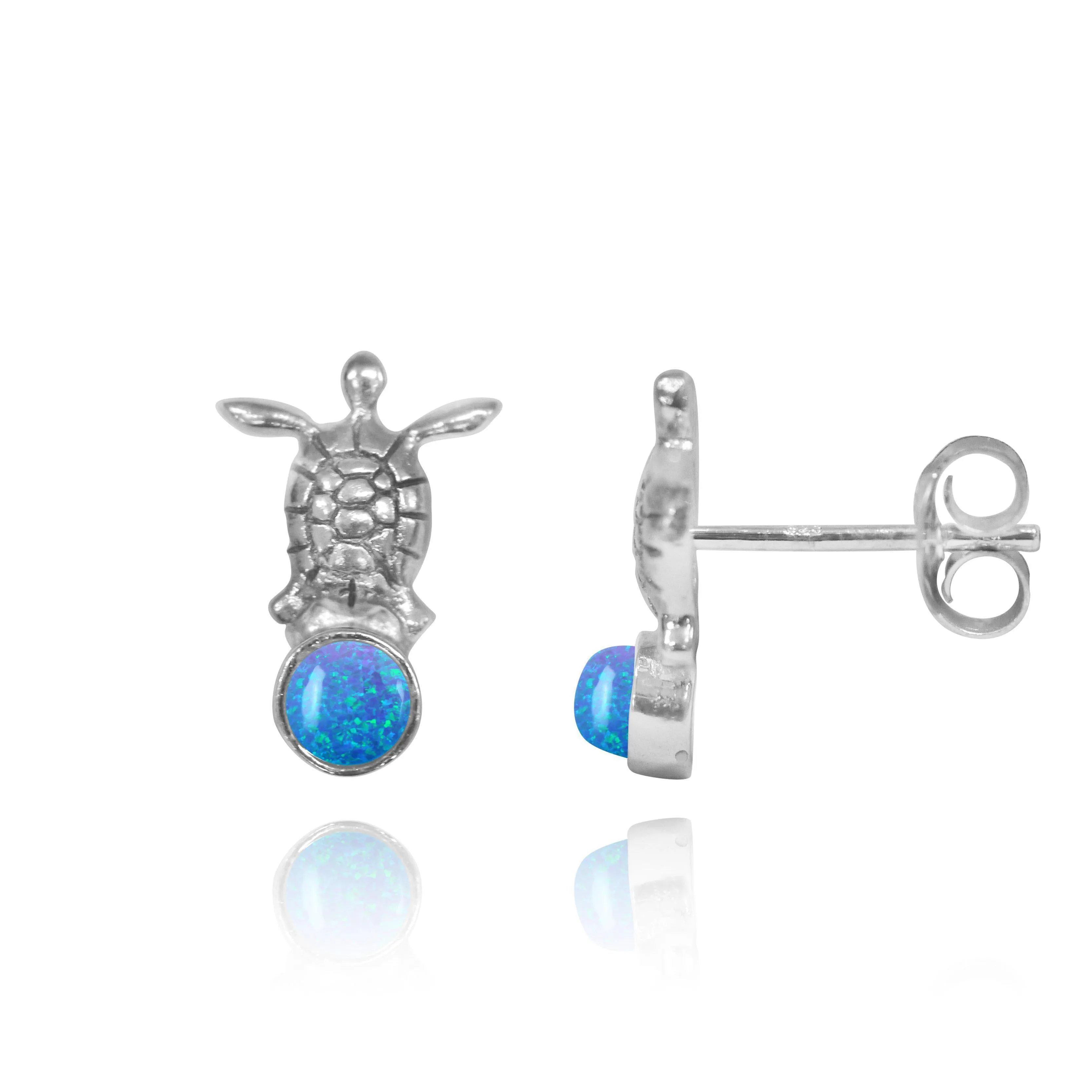 Sterling Silver Turtle Stud Earrings with Round Blue Opal