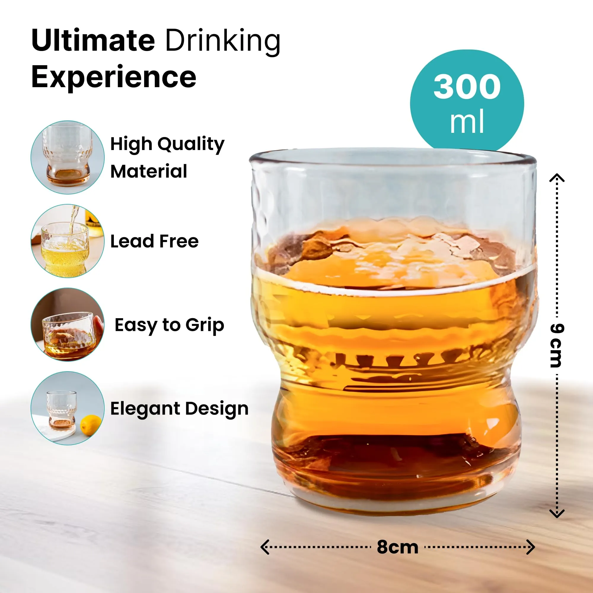 The Better Home Water Glasses Set of 4 (300ml each) | Juice Glasses | Lead Free Drinking Glasses | Kitchen Gift Items | Cold Drink Glass | Cocktail Glass | Kaanch Ke Glass | Housewarming Gifts (Amber)