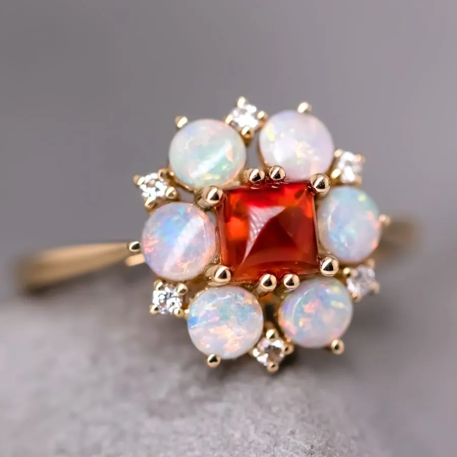 The Precious - Sugarloaf Cut Mexican Fire Opal Diamond Engagement Ring 18K Gold