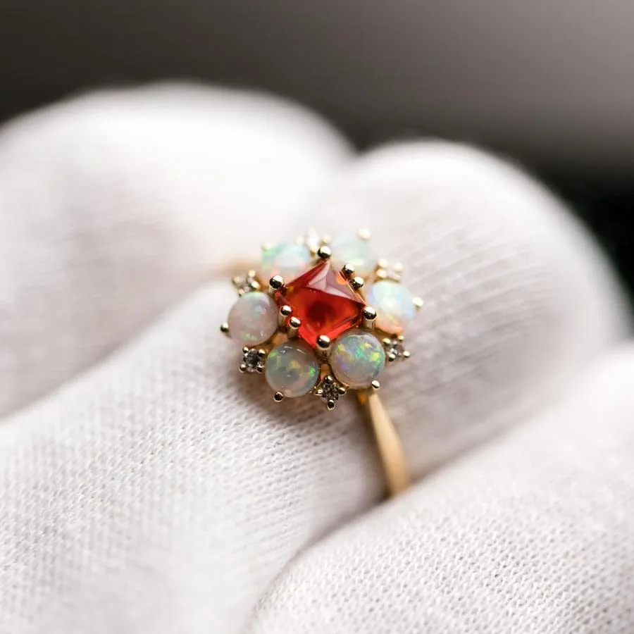 The Precious - Sugarloaf Cut Mexican Fire Opal Diamond Engagement Ring 18K Gold