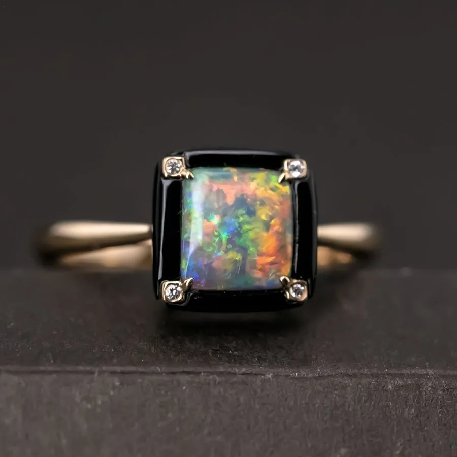 Unique Square Black Opal Agate Diamond Engagement Ring 18K Yellow Gold