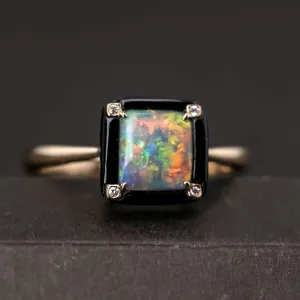 Unique Square Black Opal Agate Diamond Engagement Ring 18K Yellow Gold