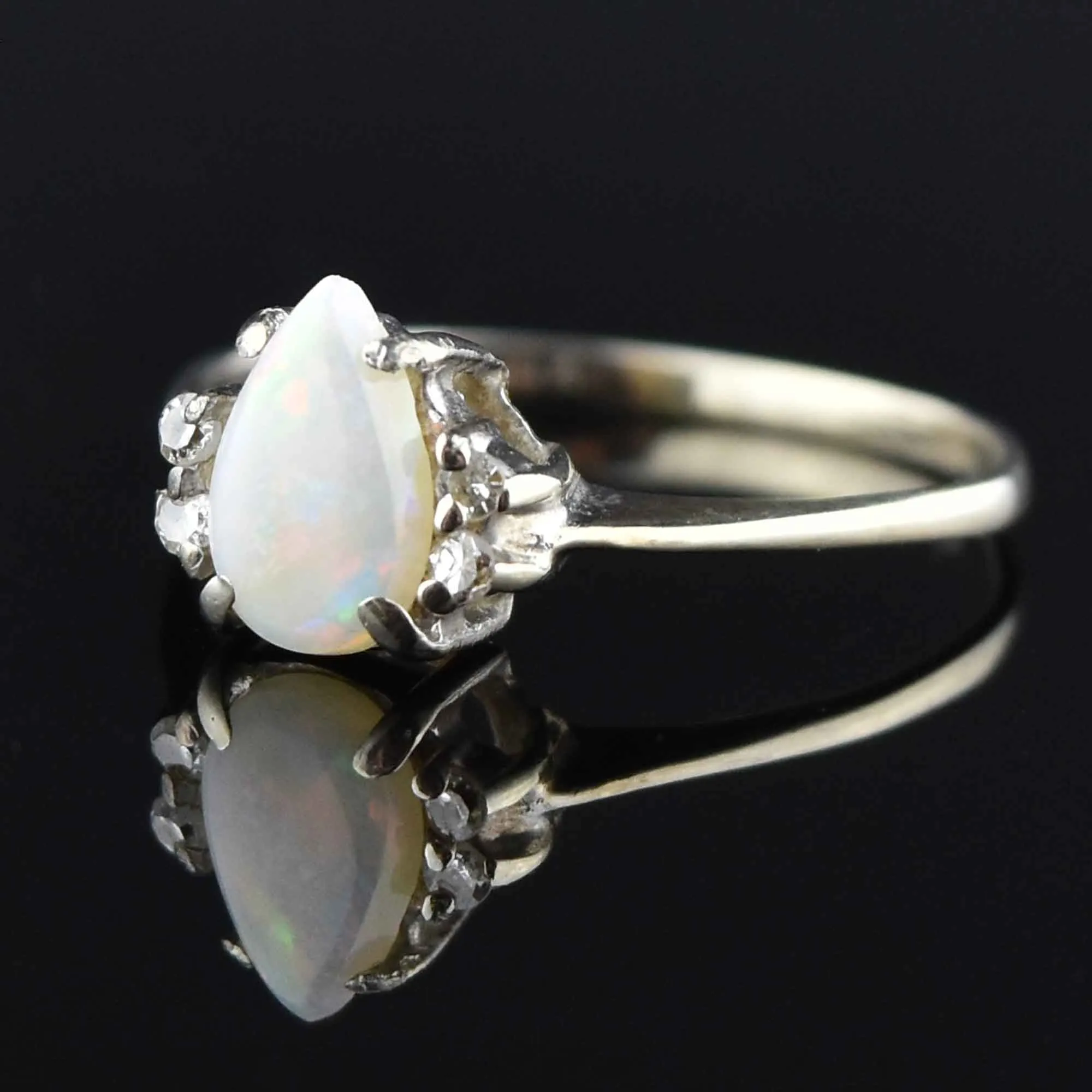 Vintage 14K White Gold Diamond Pear Cut Opal Ring