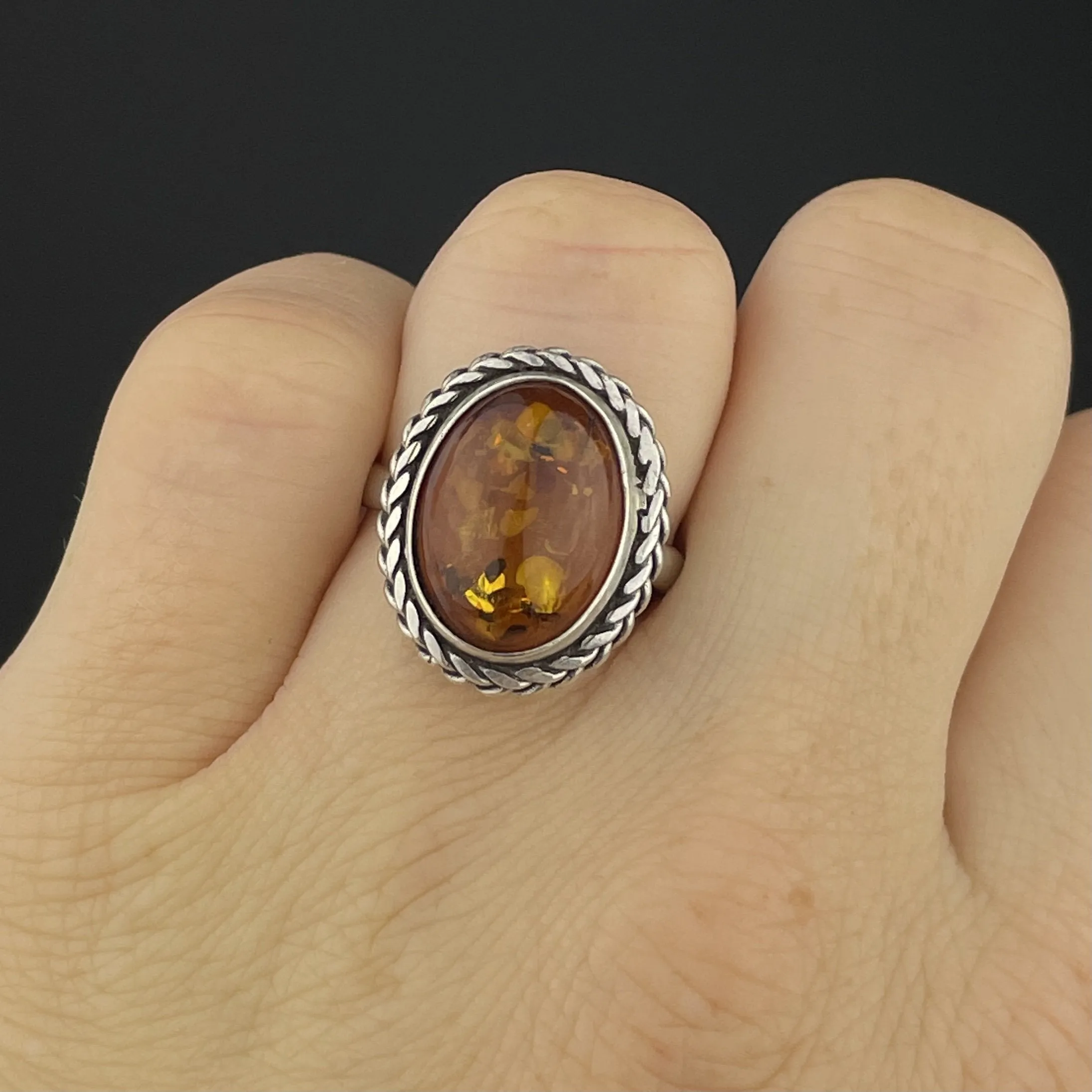 Vintage Natural Russian Baltic Amber Silver Braided Ring, Sz 7.5