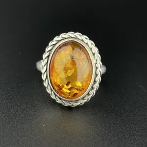 Vintage Natural Russian Baltic Amber Silver Braided Ring, Sz 7.5