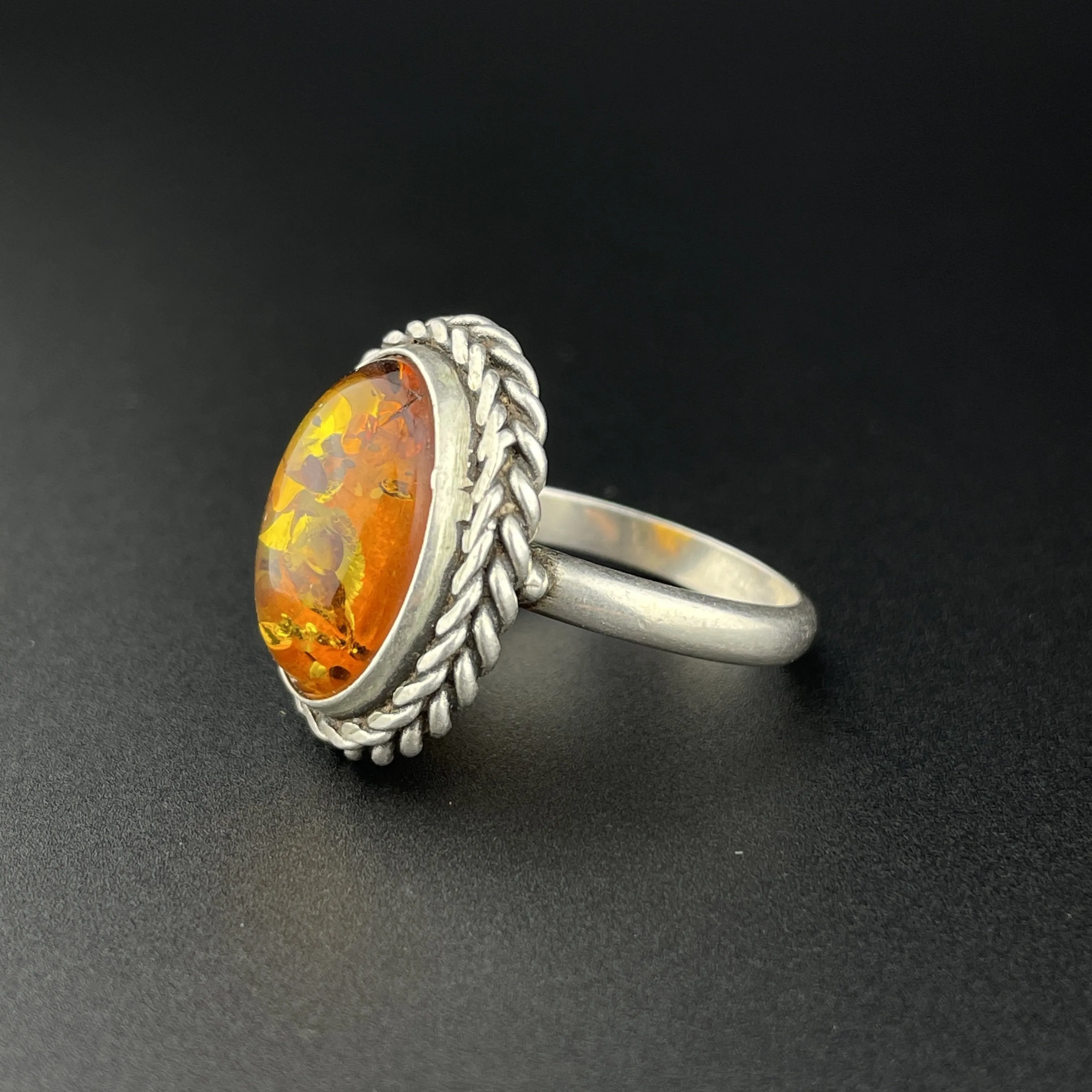 Vintage Natural Russian Baltic Amber Silver Braided Ring, Sz 7.5