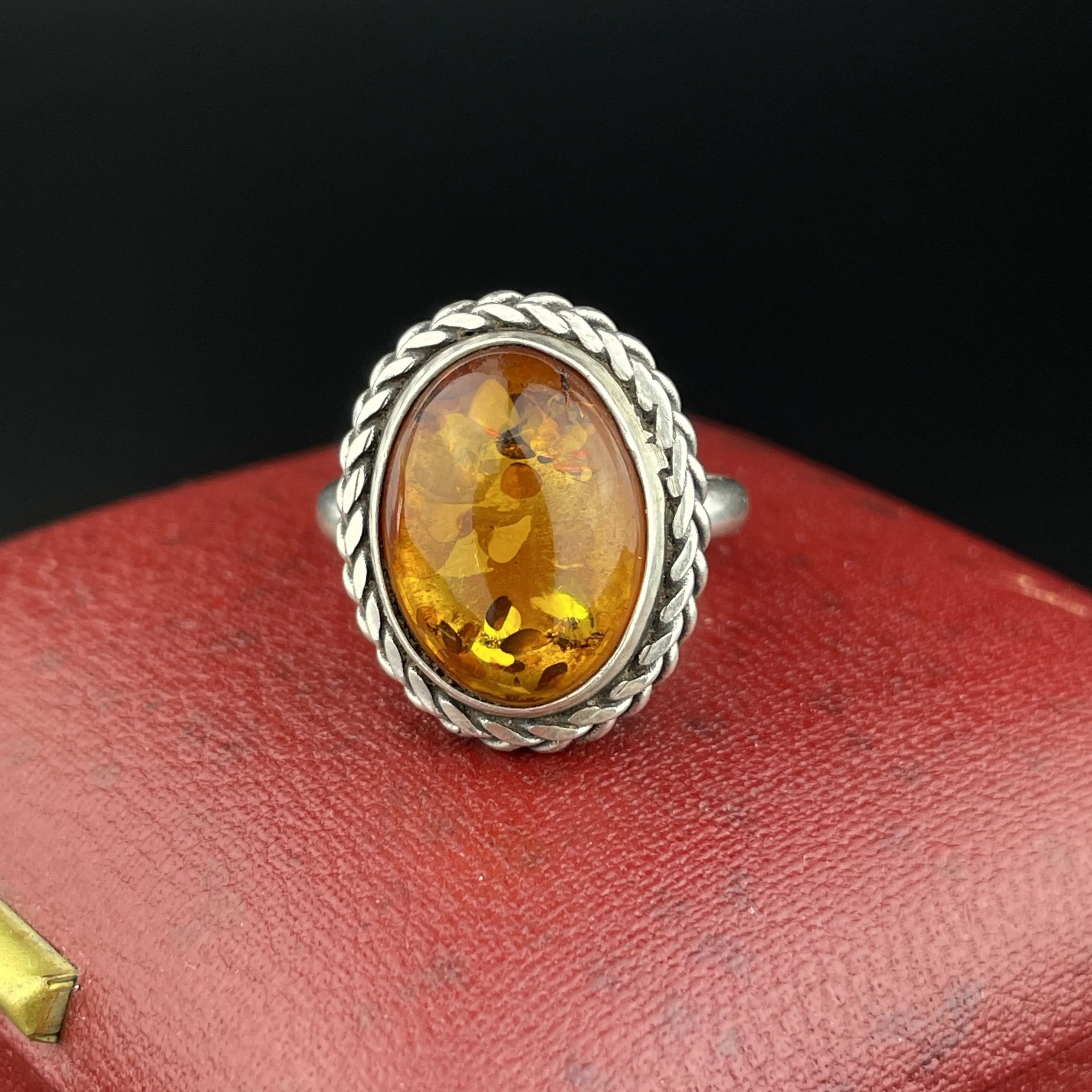 Vintage Natural Russian Baltic Amber Silver Braided Ring, Sz 7.5