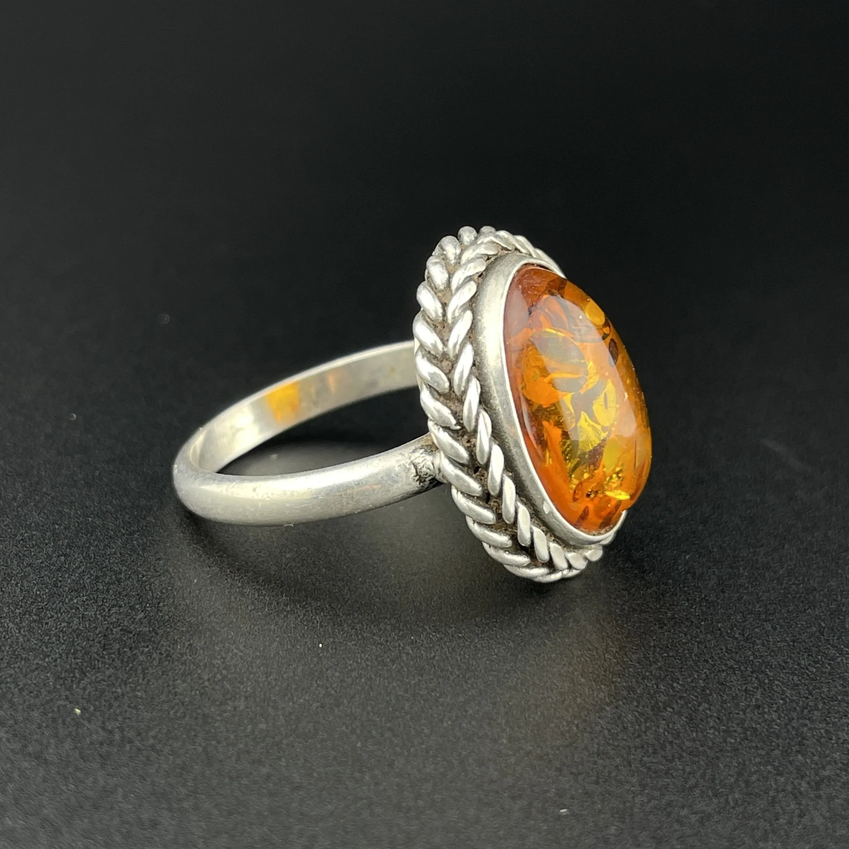 Vintage Natural Russian Baltic Amber Silver Braided Ring, Sz 7.5