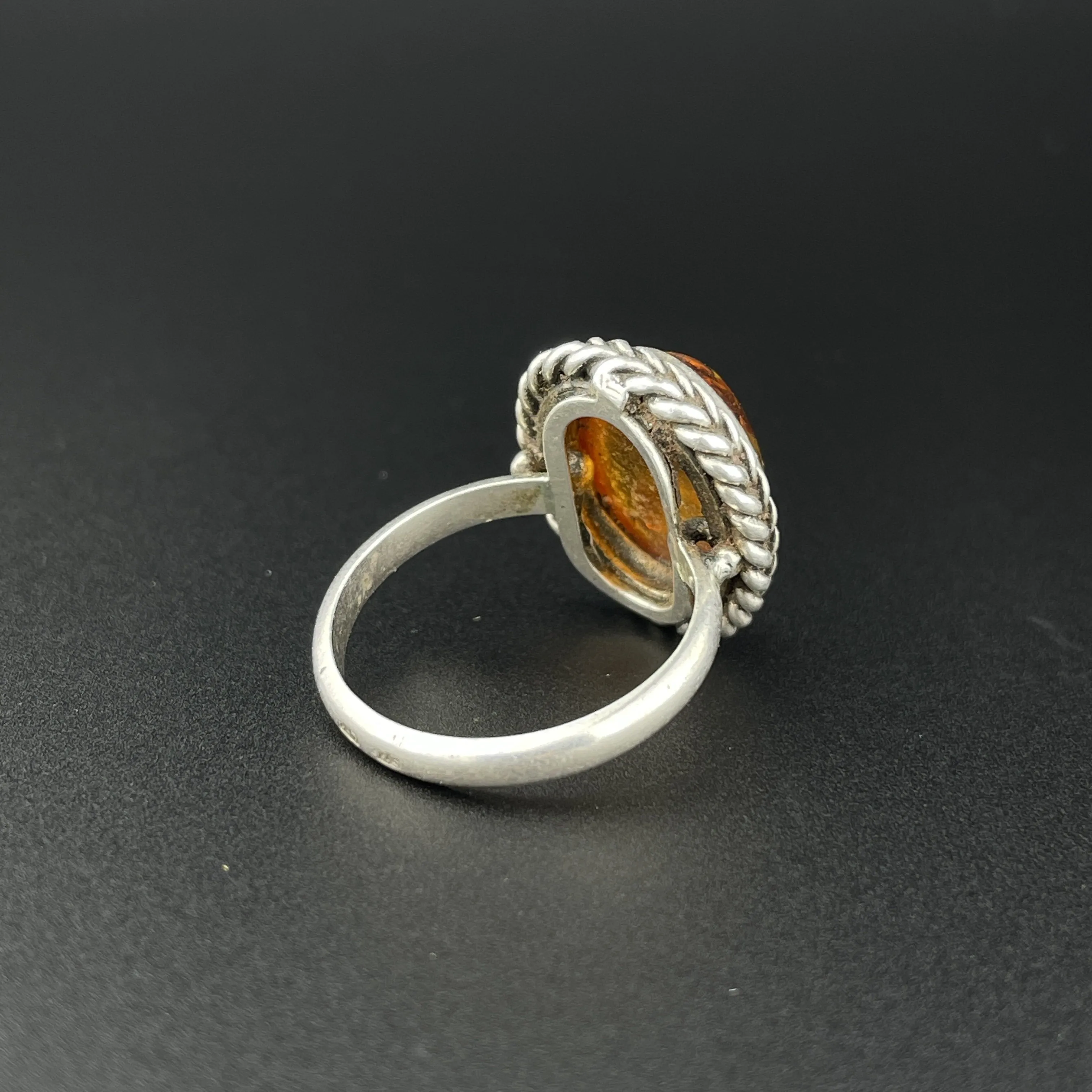 Vintage Natural Russian Baltic Amber Silver Braided Ring, Sz 7.5