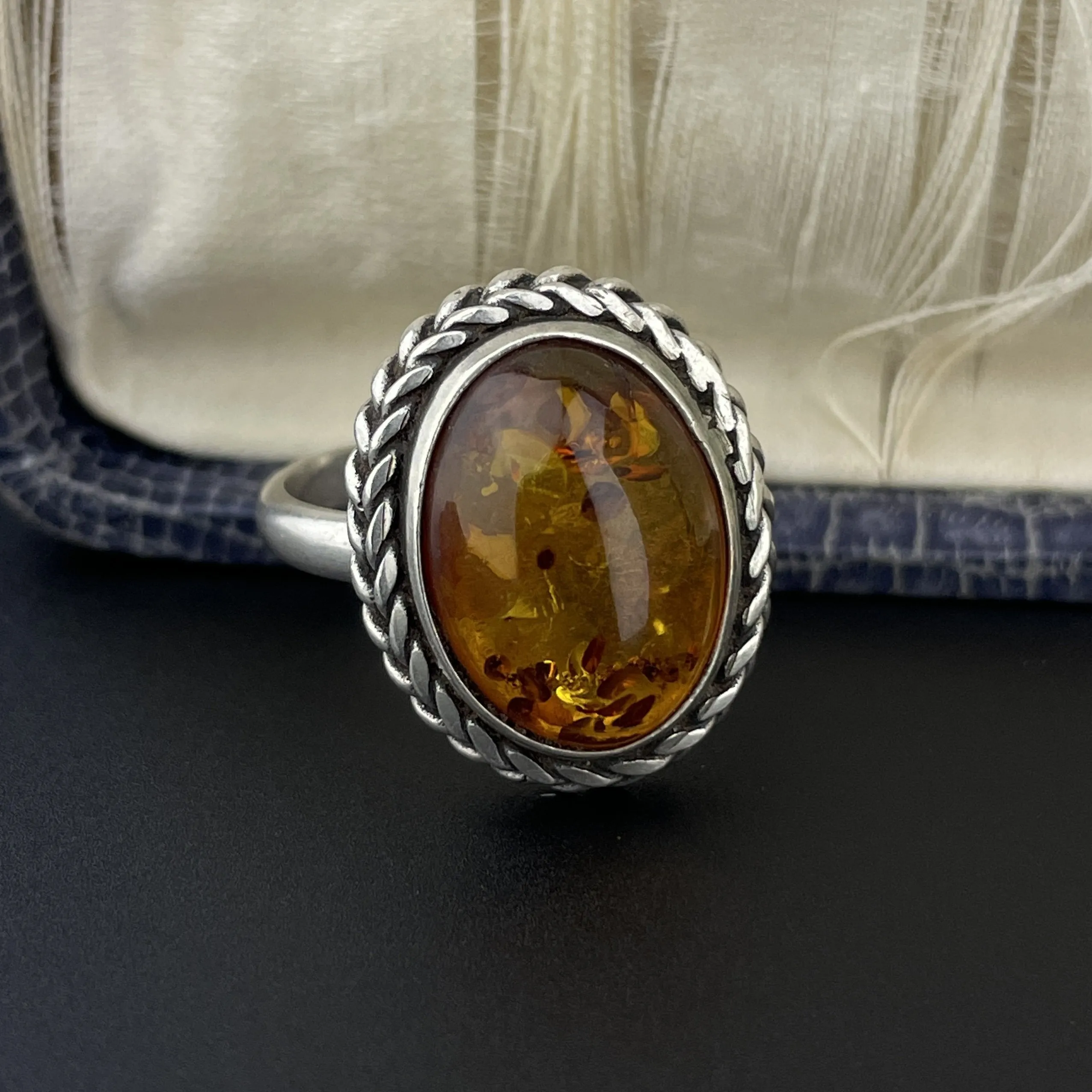 Vintage Natural Russian Baltic Amber Silver Braided Ring, Sz 7.5