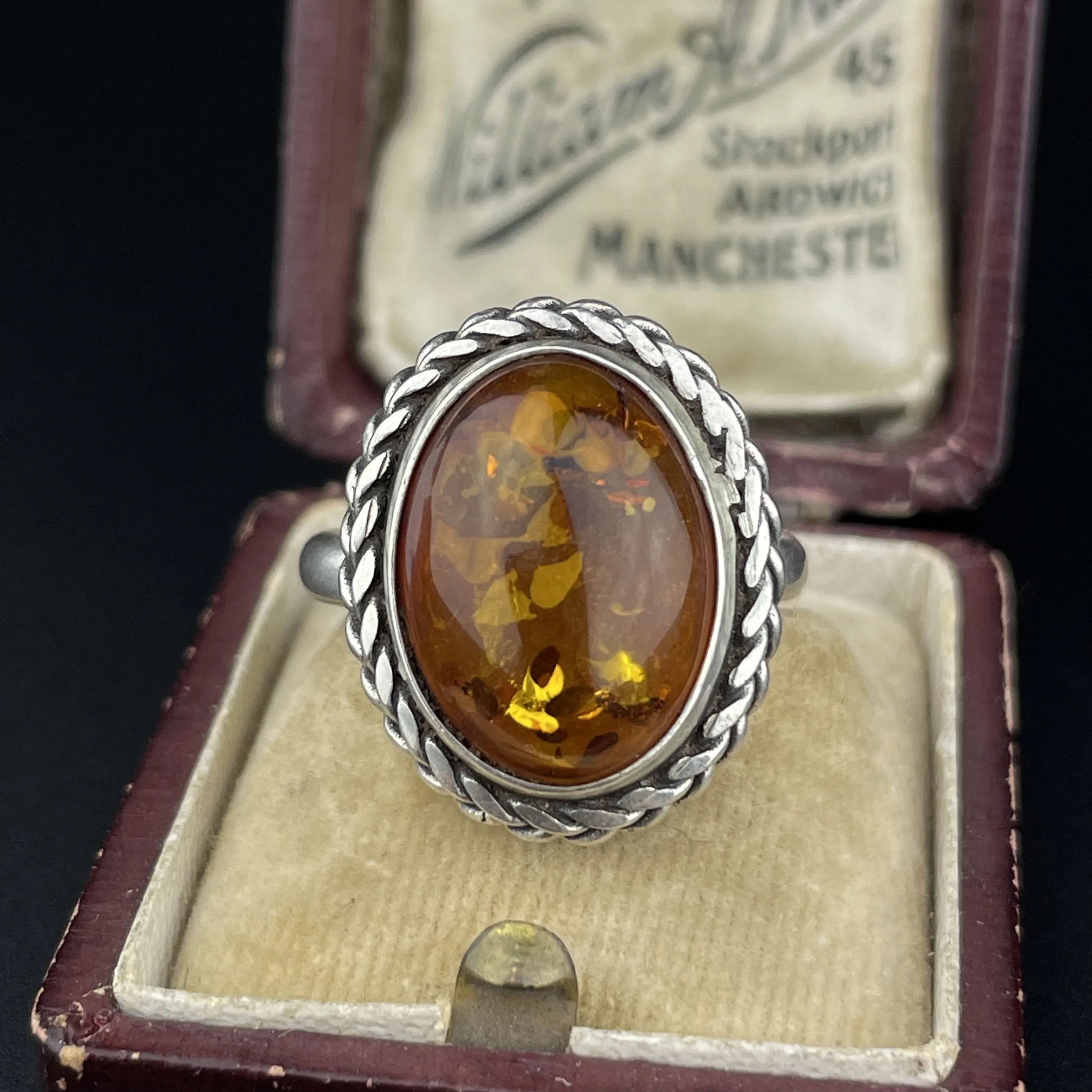 Vintage Natural Russian Baltic Amber Silver Braided Ring, Sz 7.5