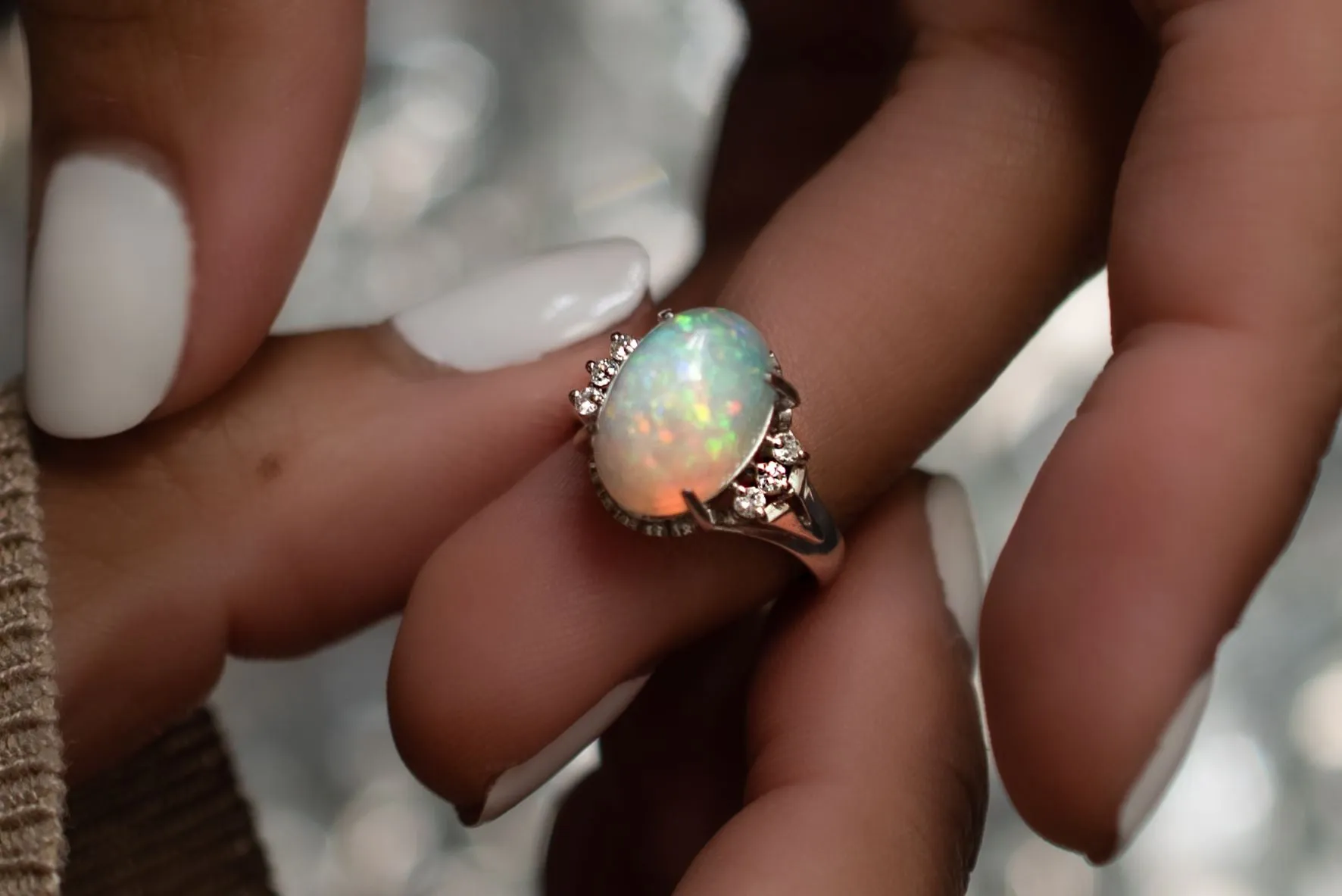 Vintage Opal and Diamond Platinum Ring