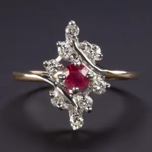 VINTAGE RUBY DIAMOND COCKTAIL RING 14k YELLOW WHITE GOLD BYPASS ESTATE JEWELRY