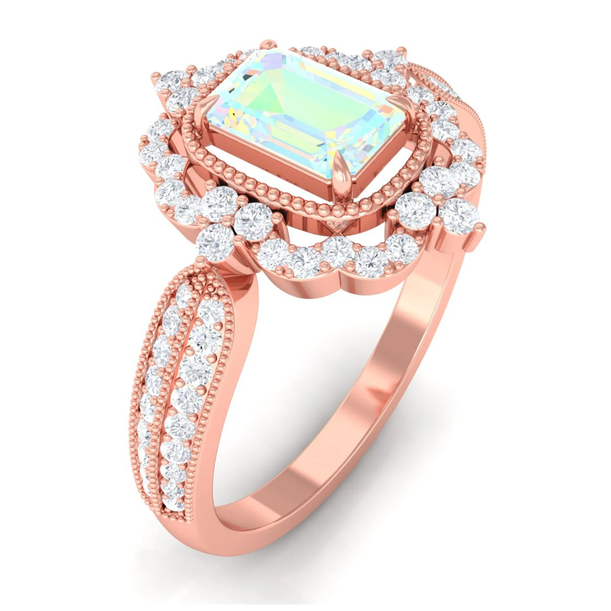 Vintage Style Octagon Ethiopian Opal Engagement Ring with Diamond Floral Halo