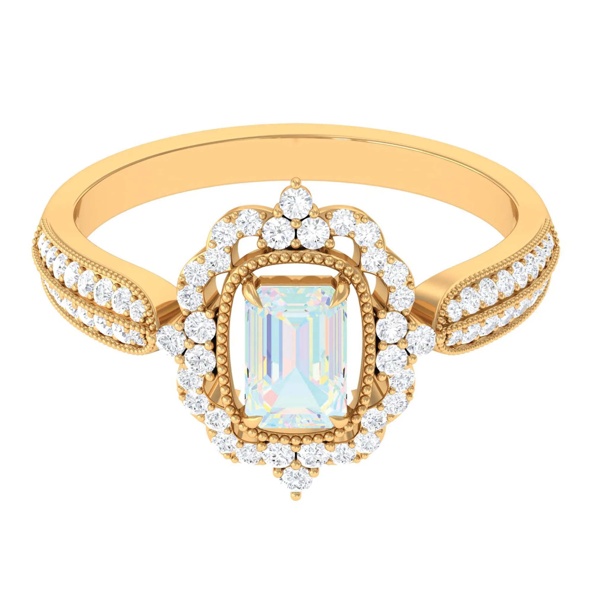 Vintage Style Octagon Ethiopian Opal Engagement Ring with Diamond Floral Halo