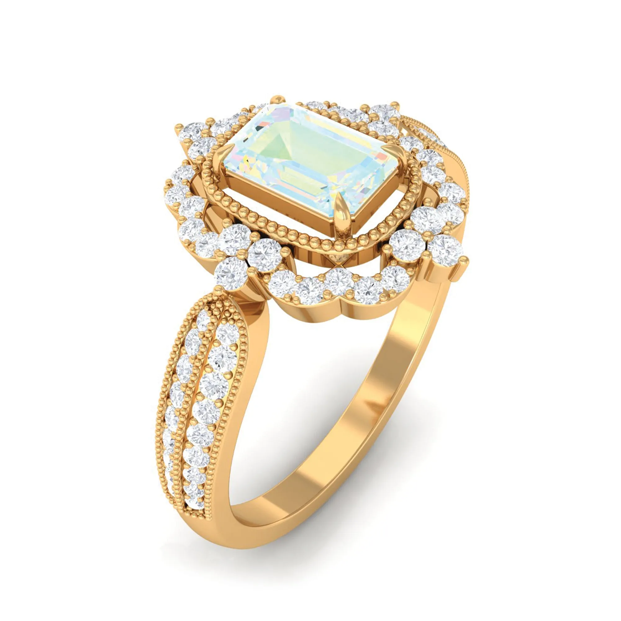 Vintage Style Octagon Ethiopian Opal Engagement Ring with Diamond Floral Halo