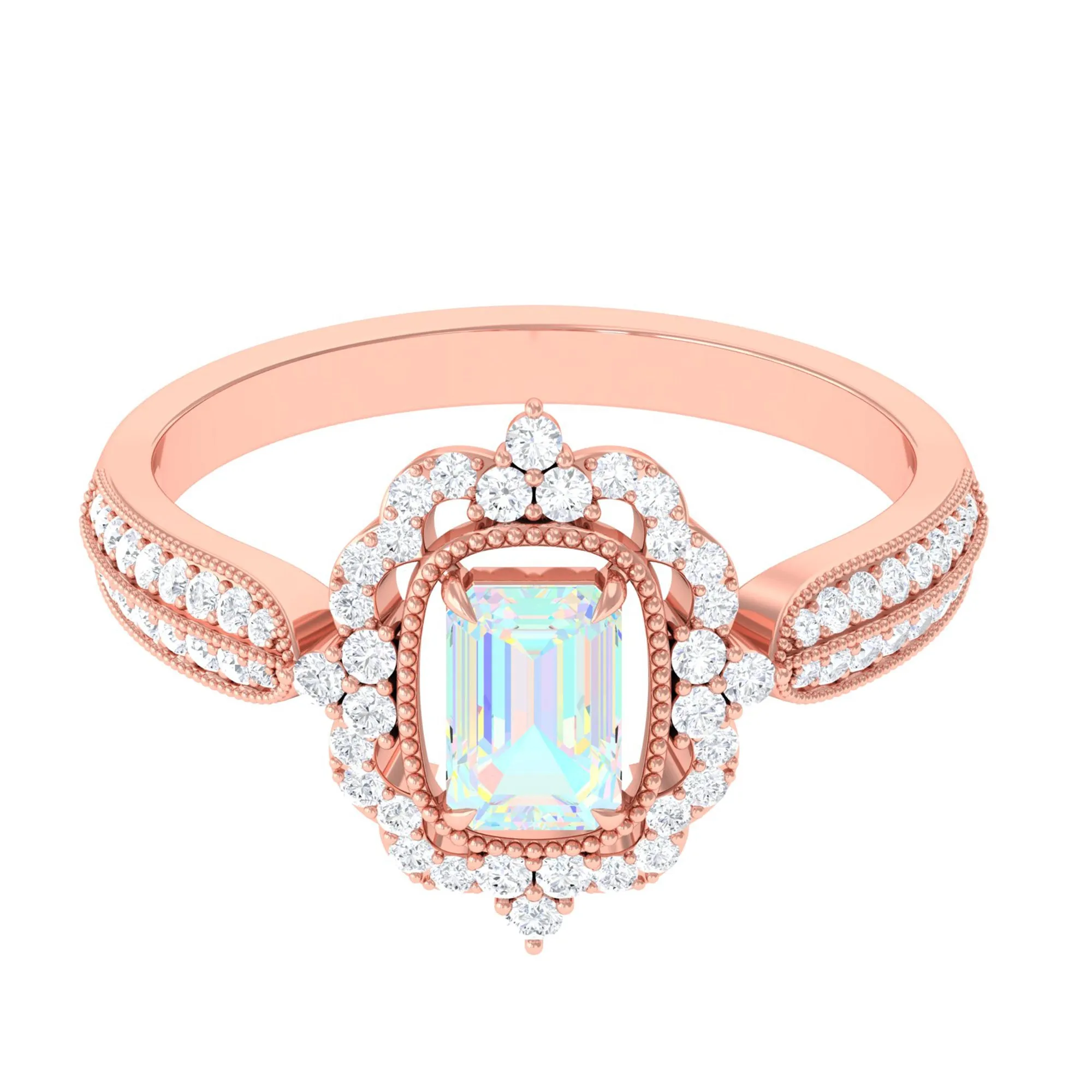 Vintage Style Octagon Ethiopian Opal Engagement Ring with Diamond Floral Halo