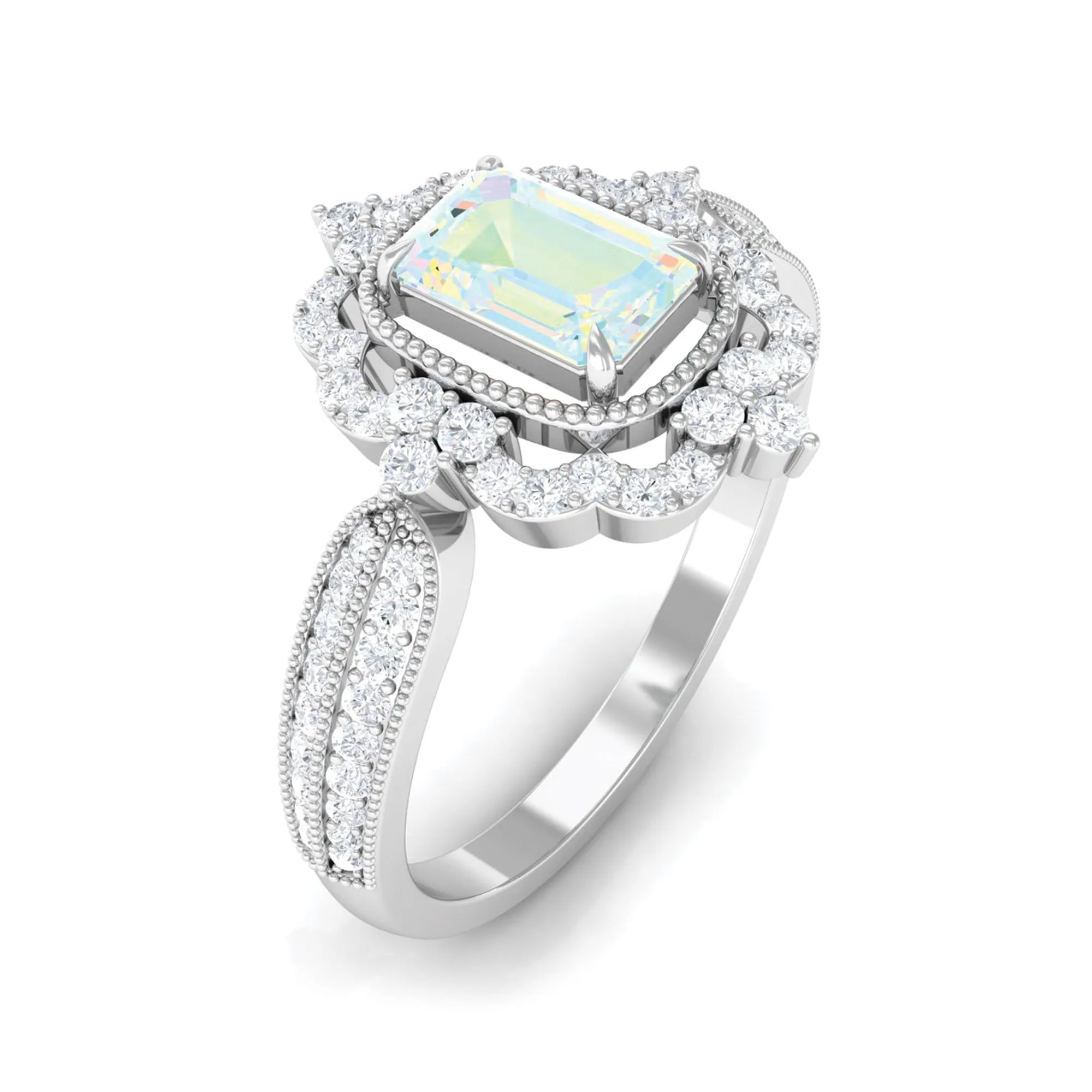 Vintage Style Octagon Ethiopian Opal Engagement Ring with Diamond Floral Halo