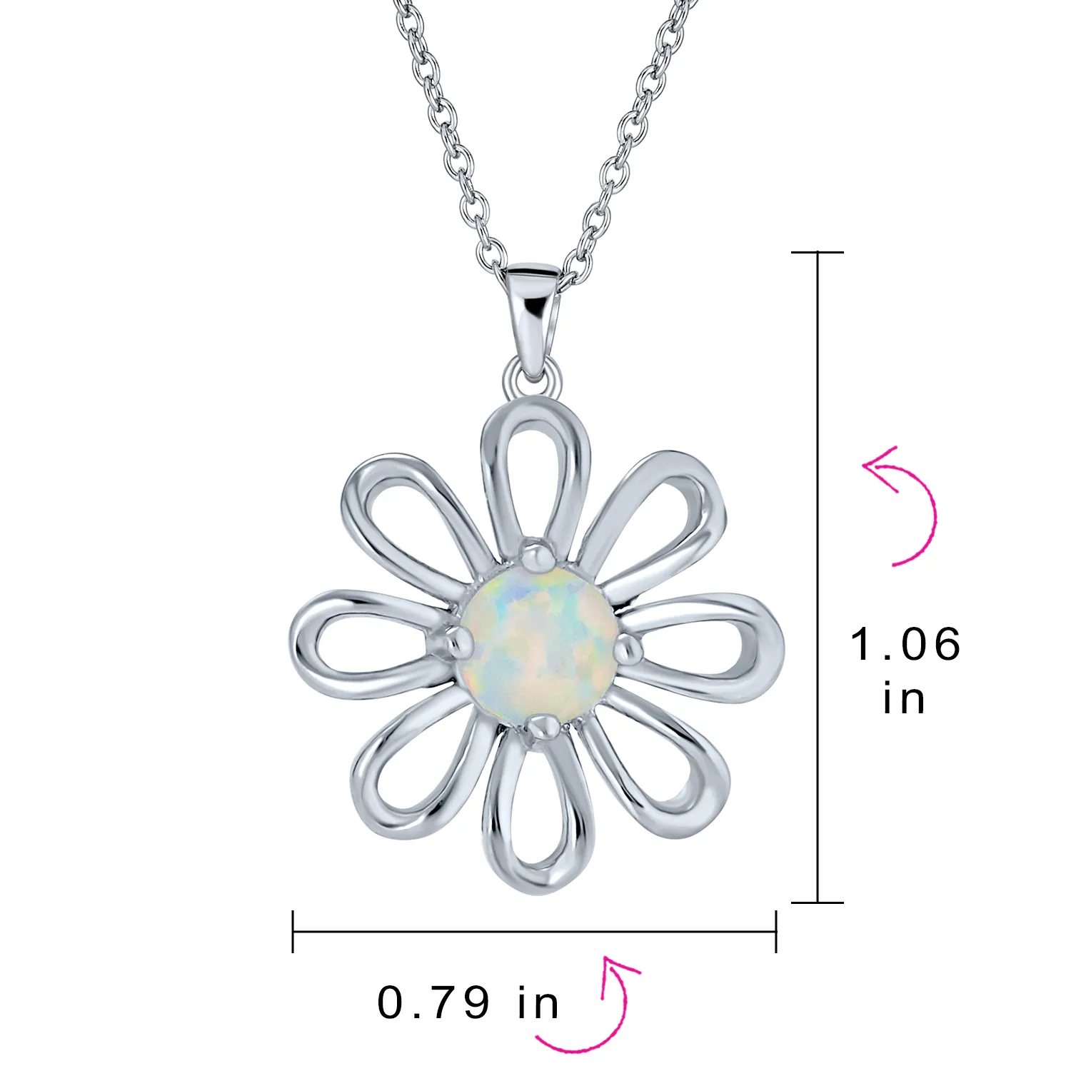 White Rainbow Opal Daisy Flower Pendant Necklace in Sterling Silver October Birthstone